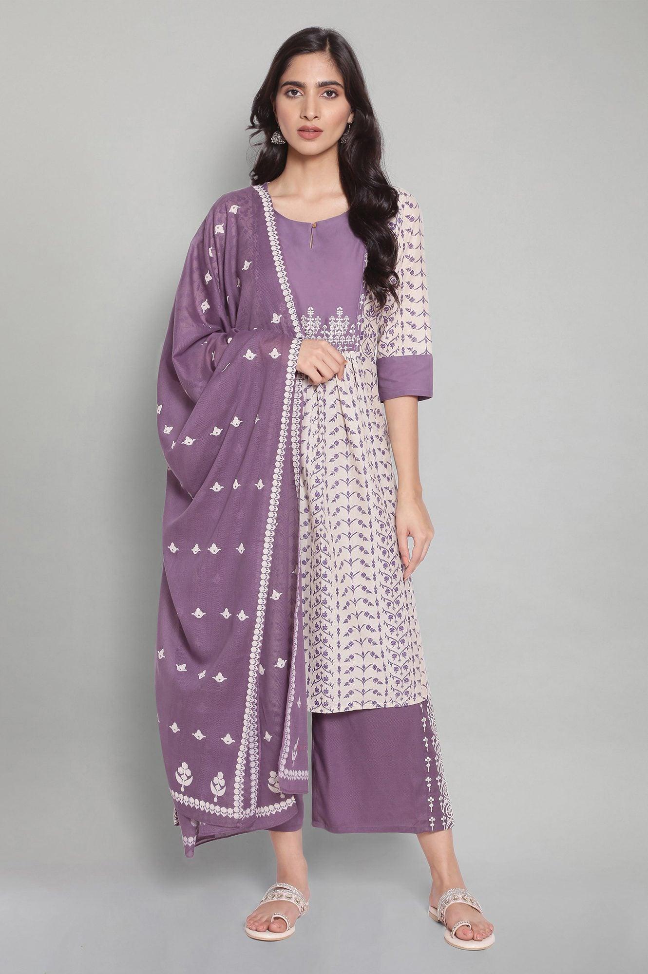 Ecru and Purple Gathered kurta - wforwoman