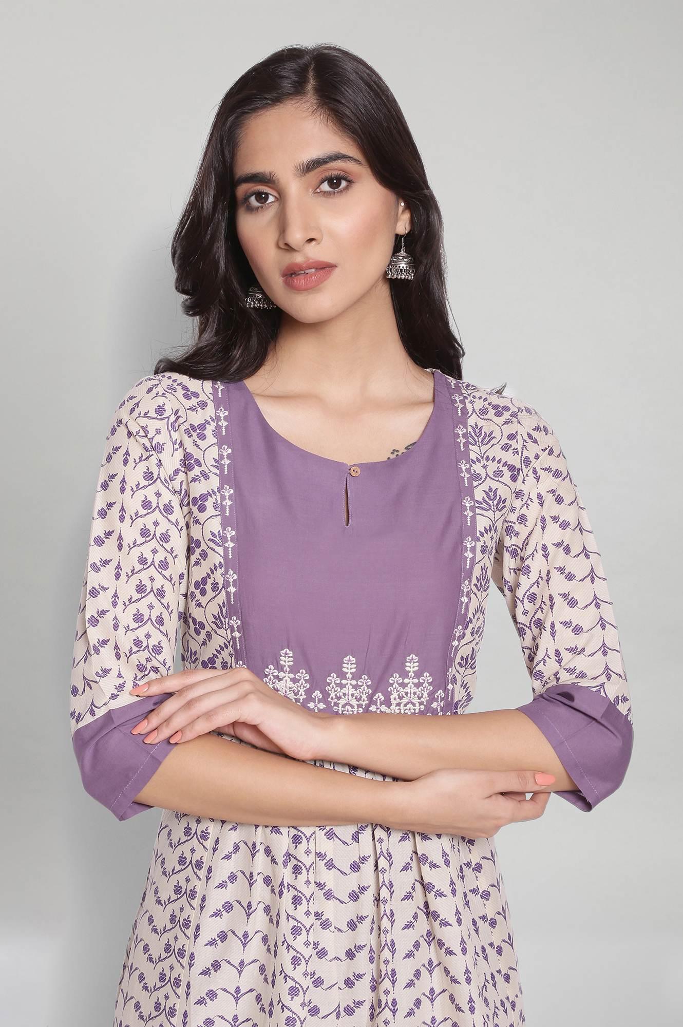 Ecru and Purple Gathered kurta - wforwoman