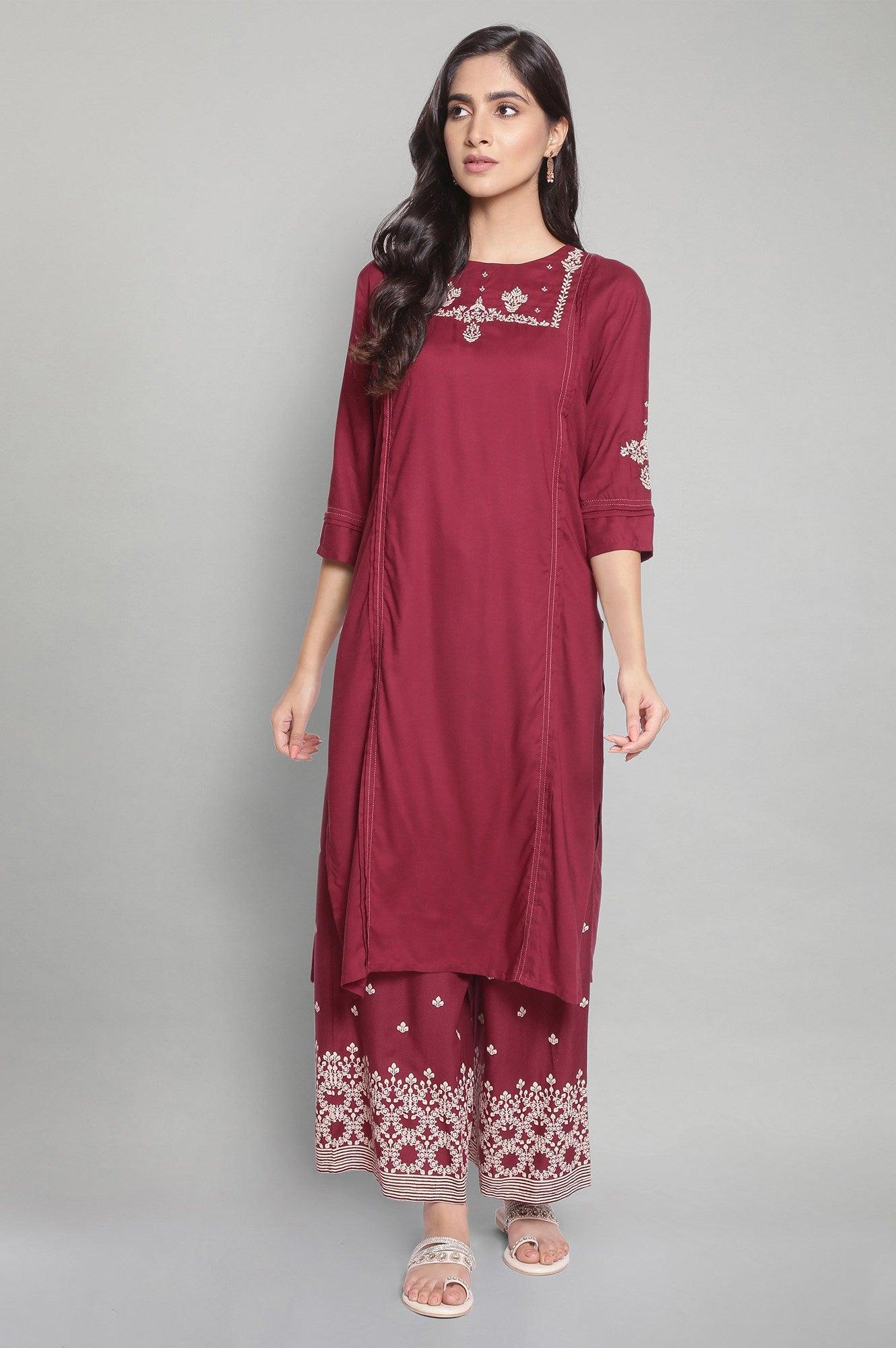 Maroon Solid Plus Size Kurta With Embroidery - wforwoman