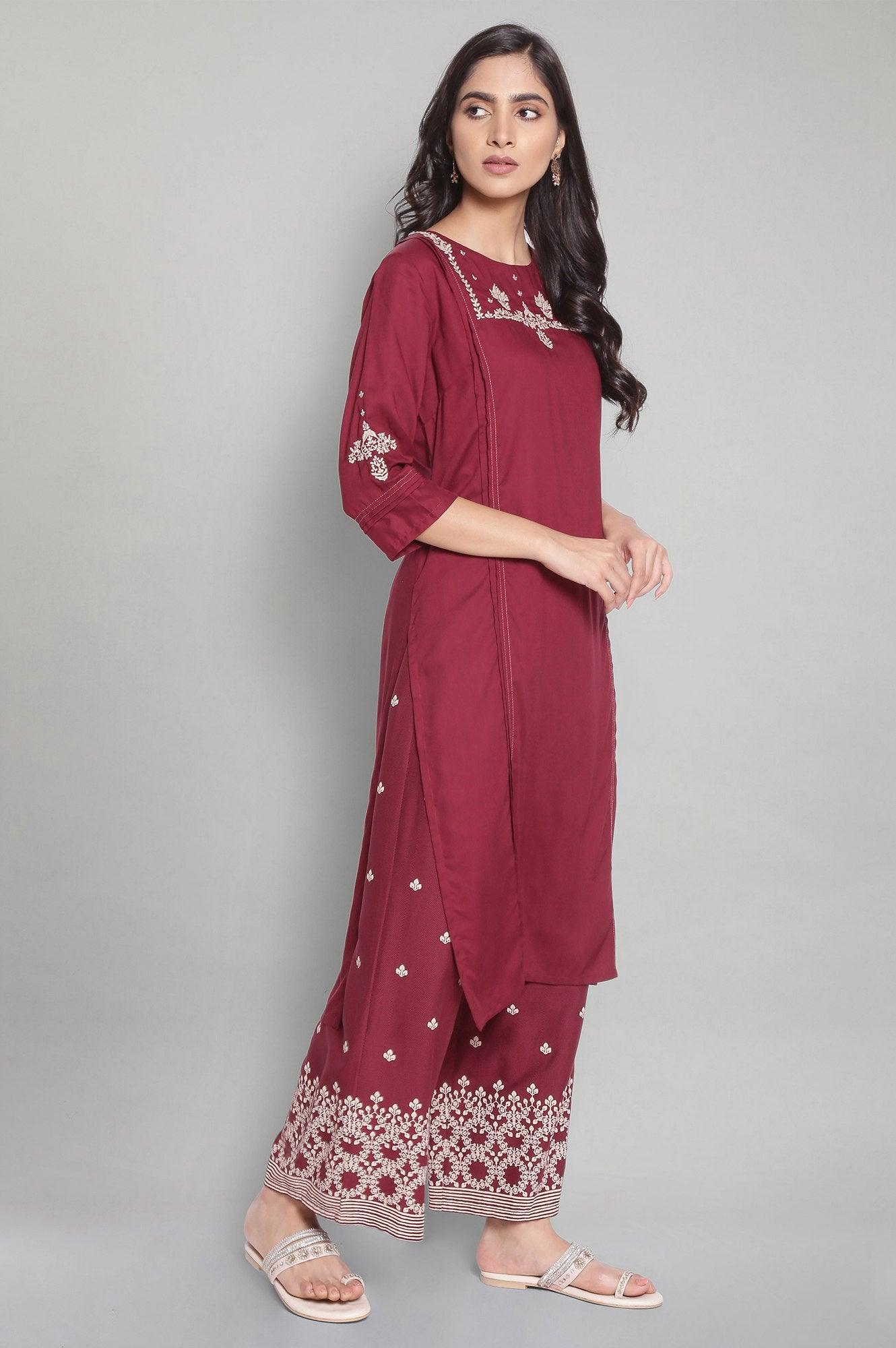 Maroon Solid kurta with Embroidery - wforwoman