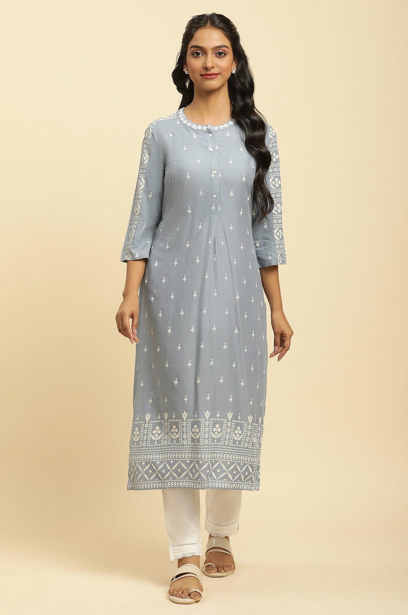 Dusky Blue Straight Printed kurta - wforwoman