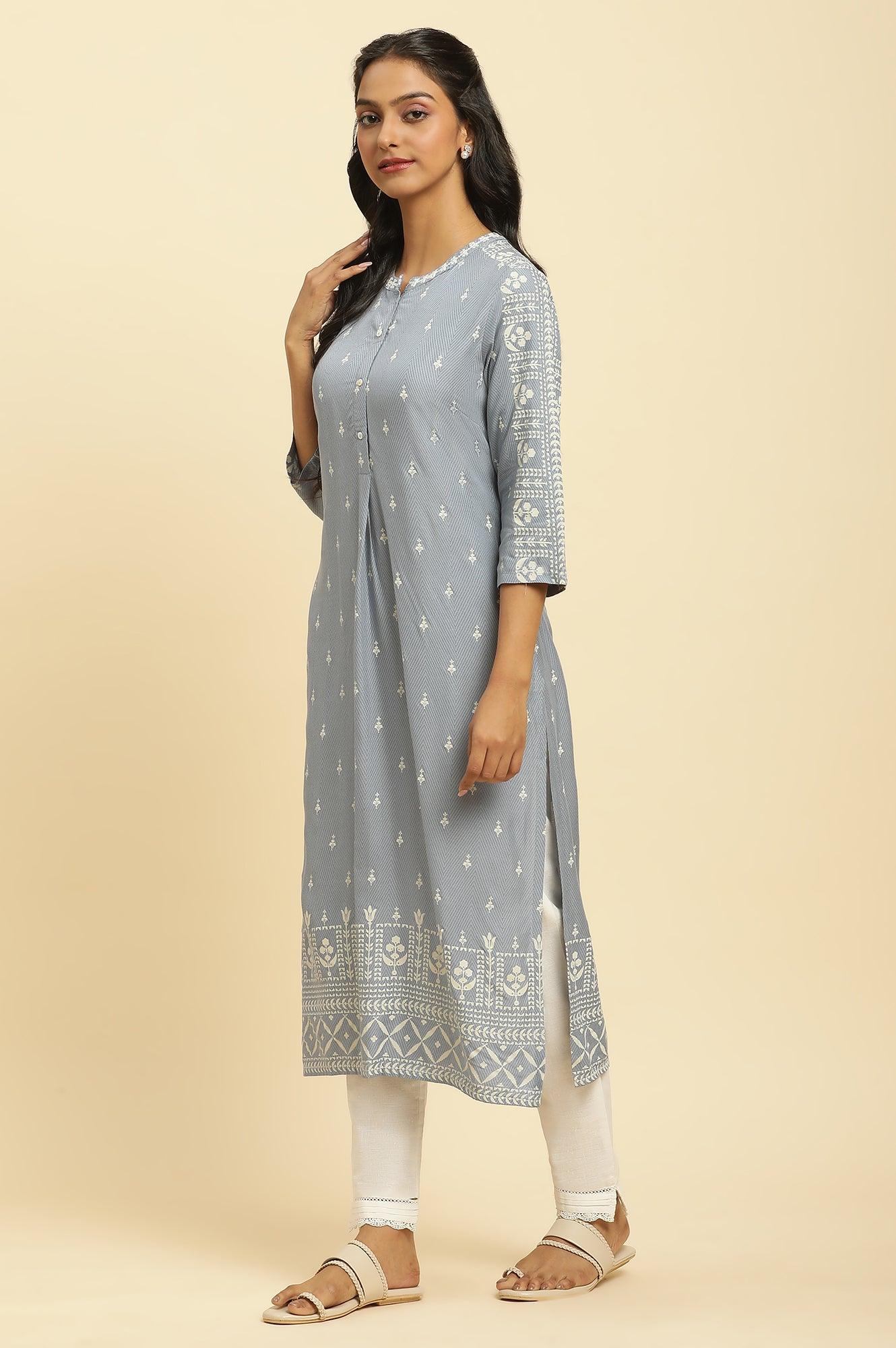 Dusky Blue Straight Printed kurta - wforwoman