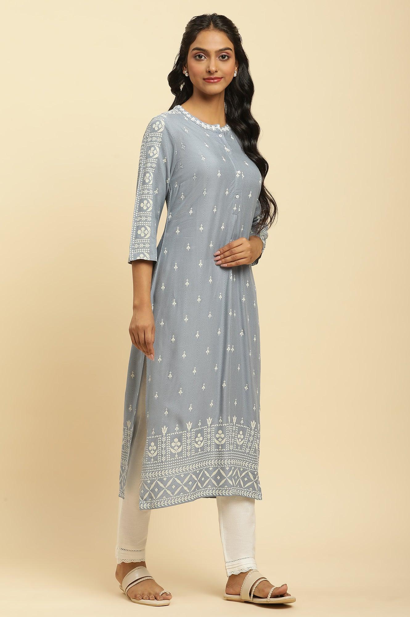 Dusky Blue Straight Printed kurta - wforwoman