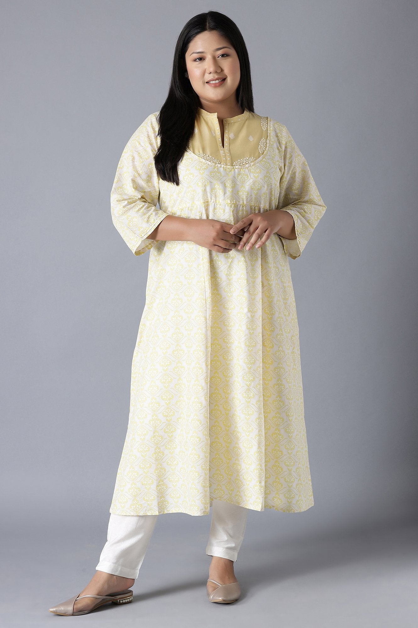 Pale Yellow Long Dress with Embroidery