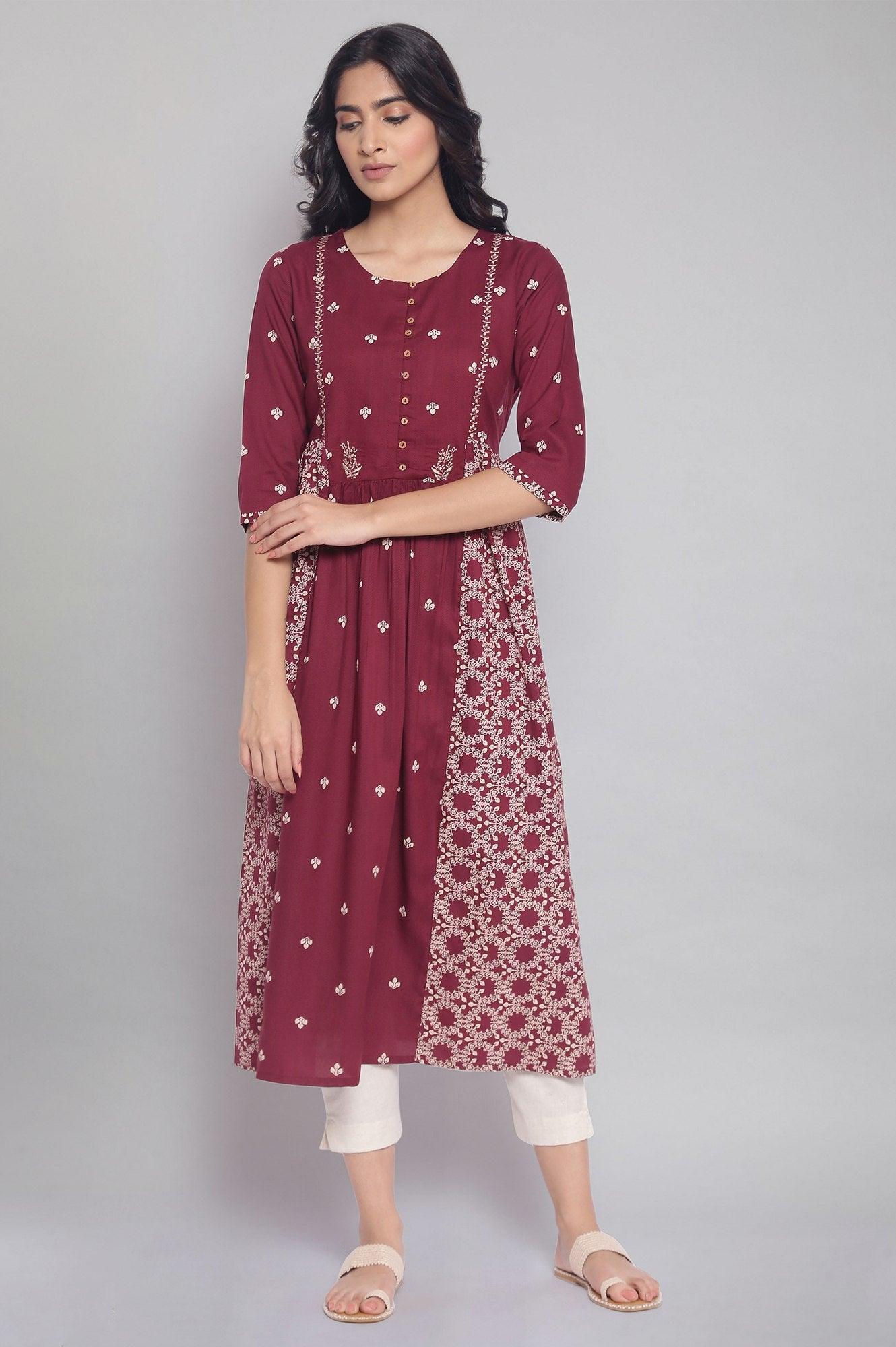 Maroon Flared Gathered Dress with Embroidery - wforwoman