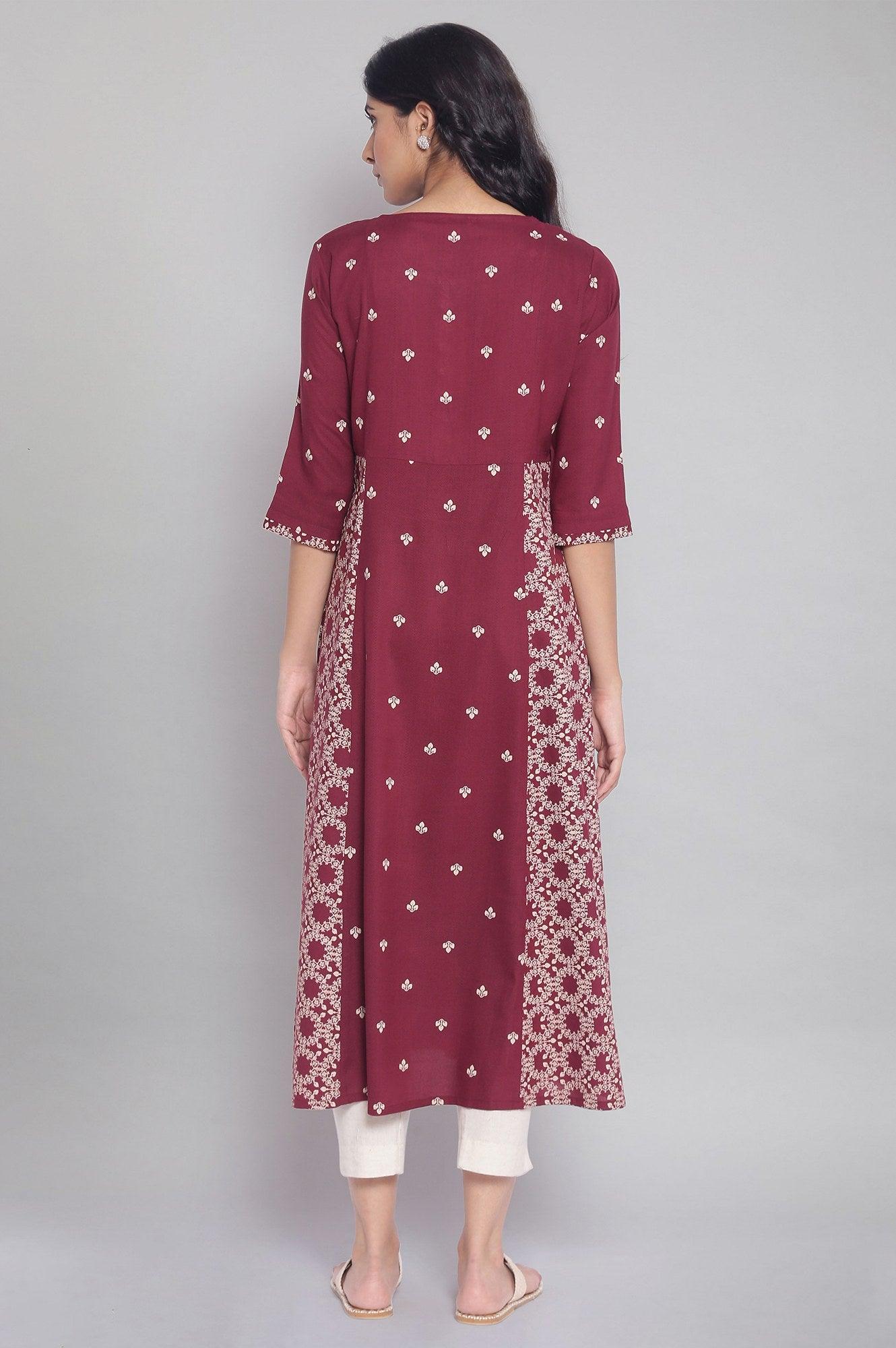 Maroon Flared Gathered Dress with Embroidery - wforwoman