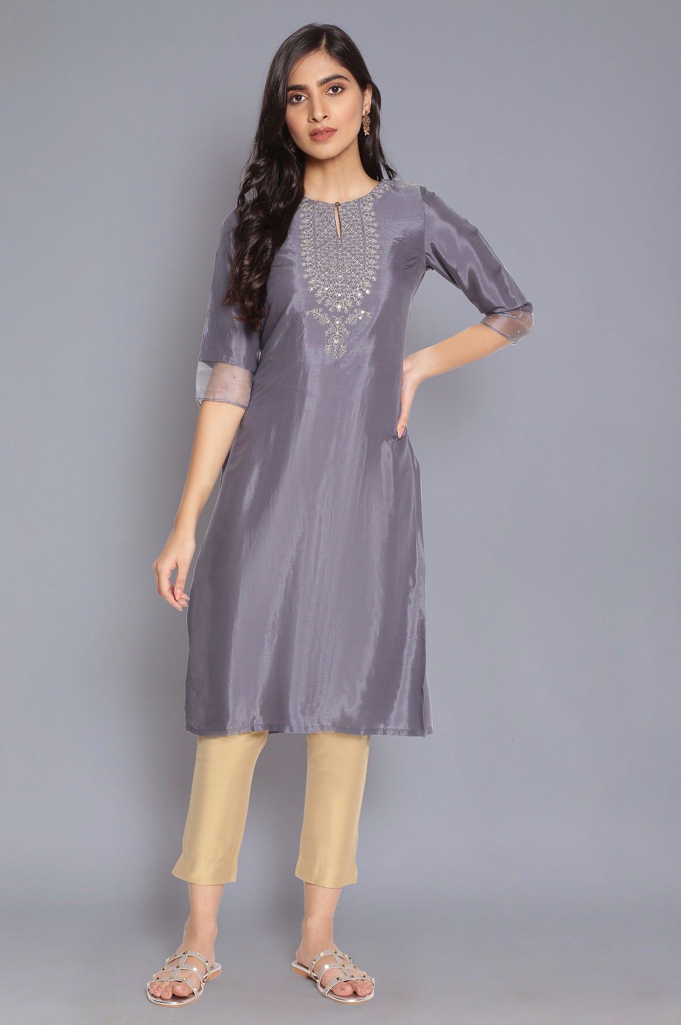 Stone Blue Straight kurta with Embroidery