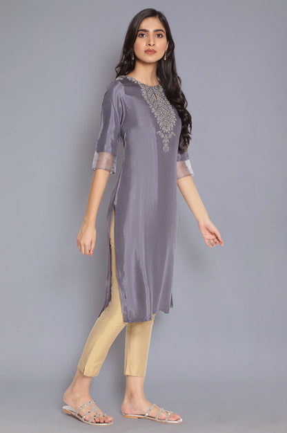 Stone Blue Straight kurta with Embroidery