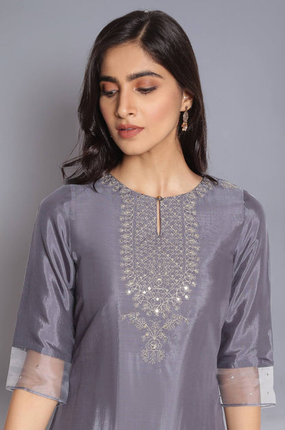 Stone Blue Straight kurta with Embroidery