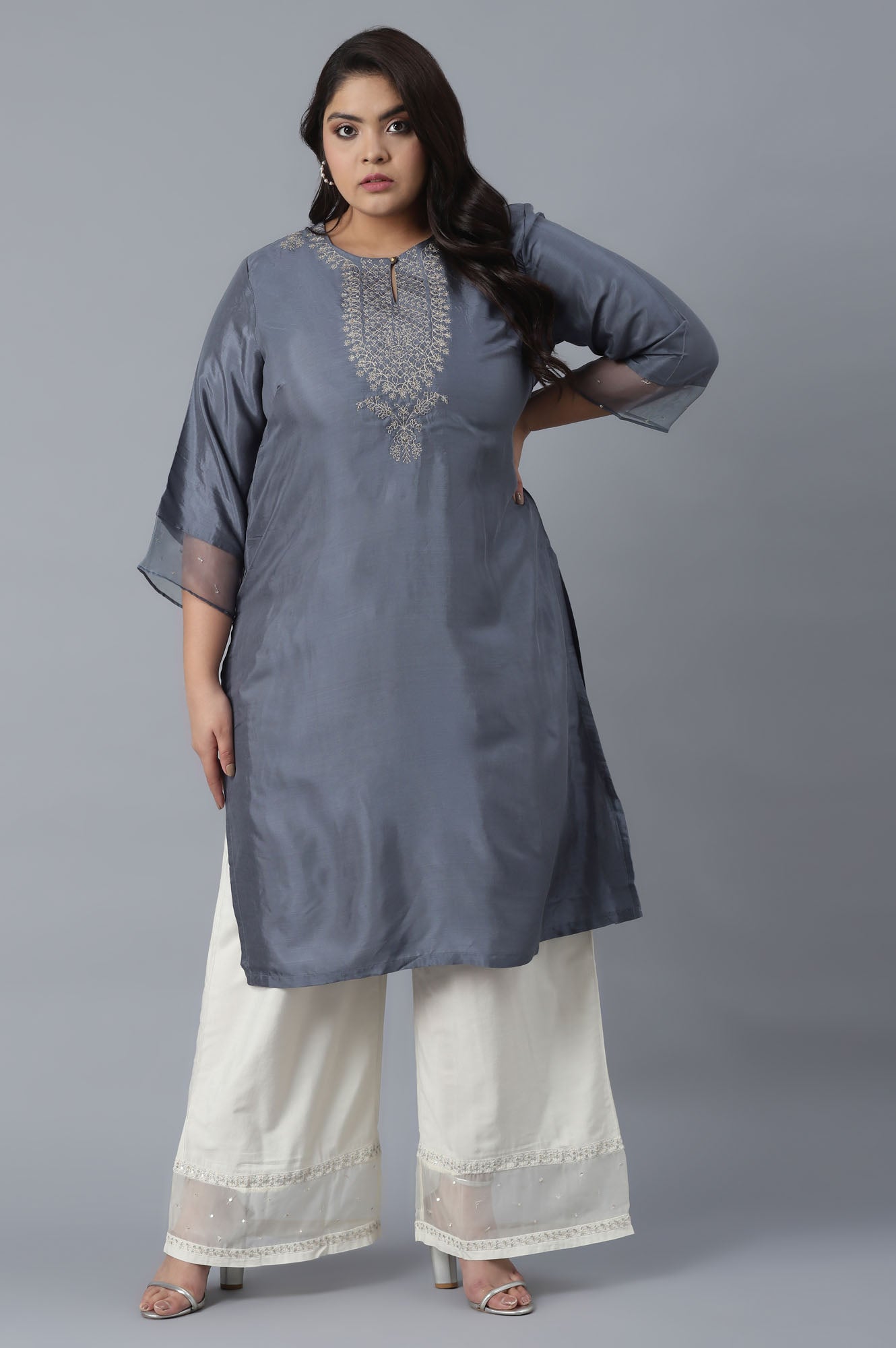 Stone Blue Straight kurta with Embroidery