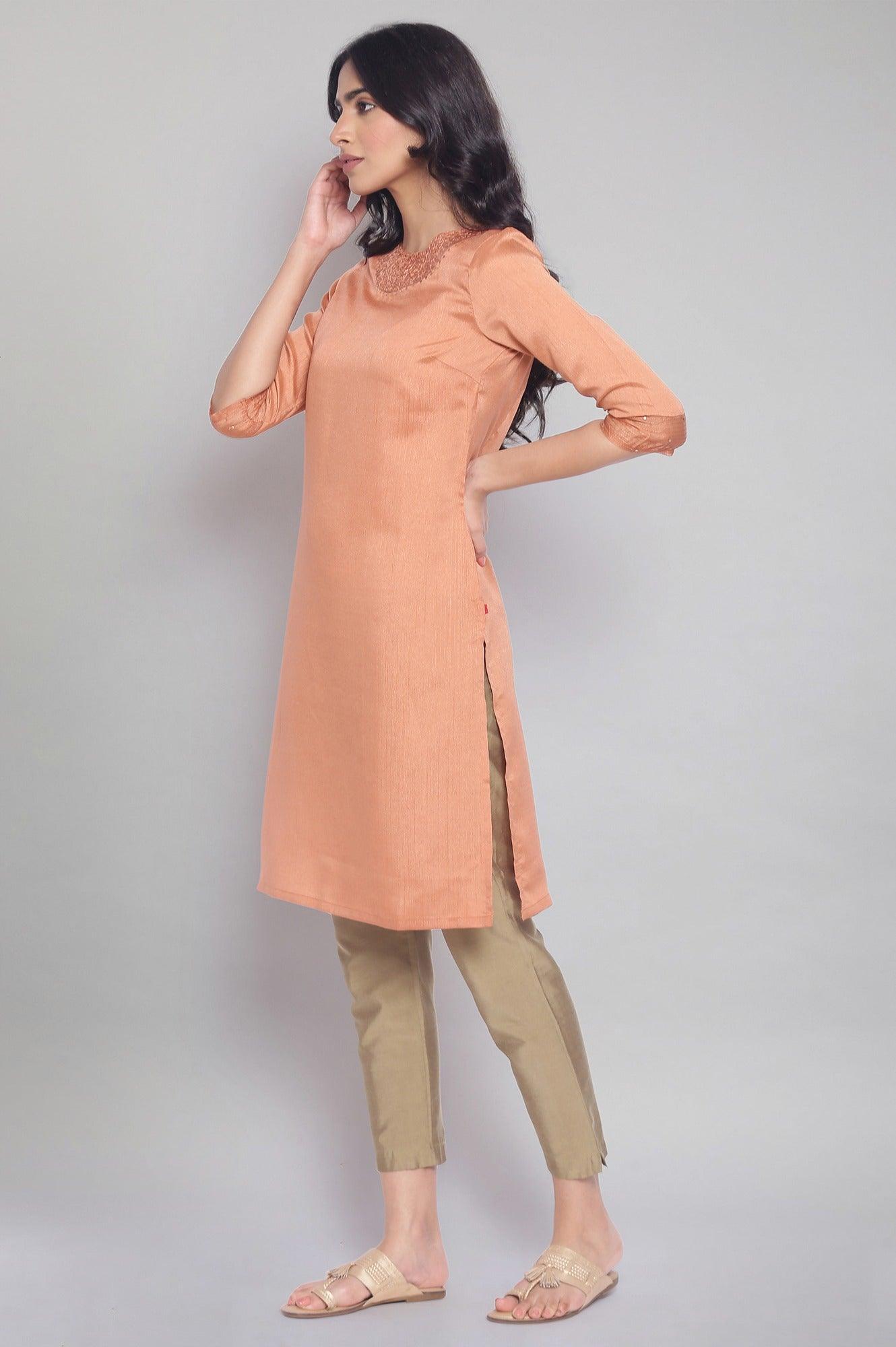 Light Orange kurta with Embroidery - wforwoman