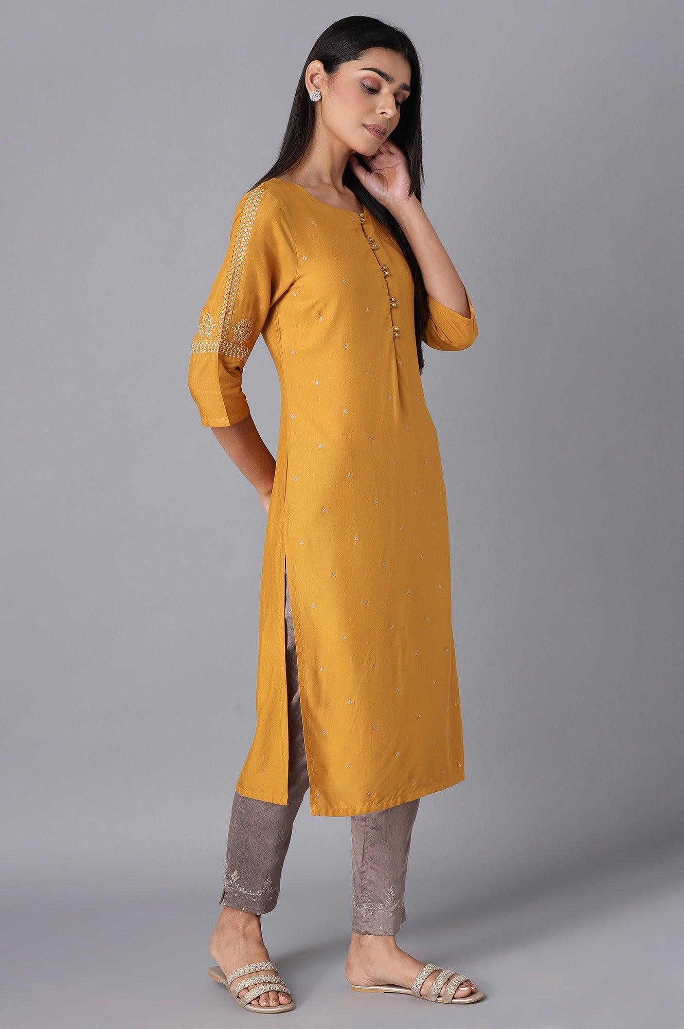 Mustard Yellow kurta with Embroidery - wforwoman