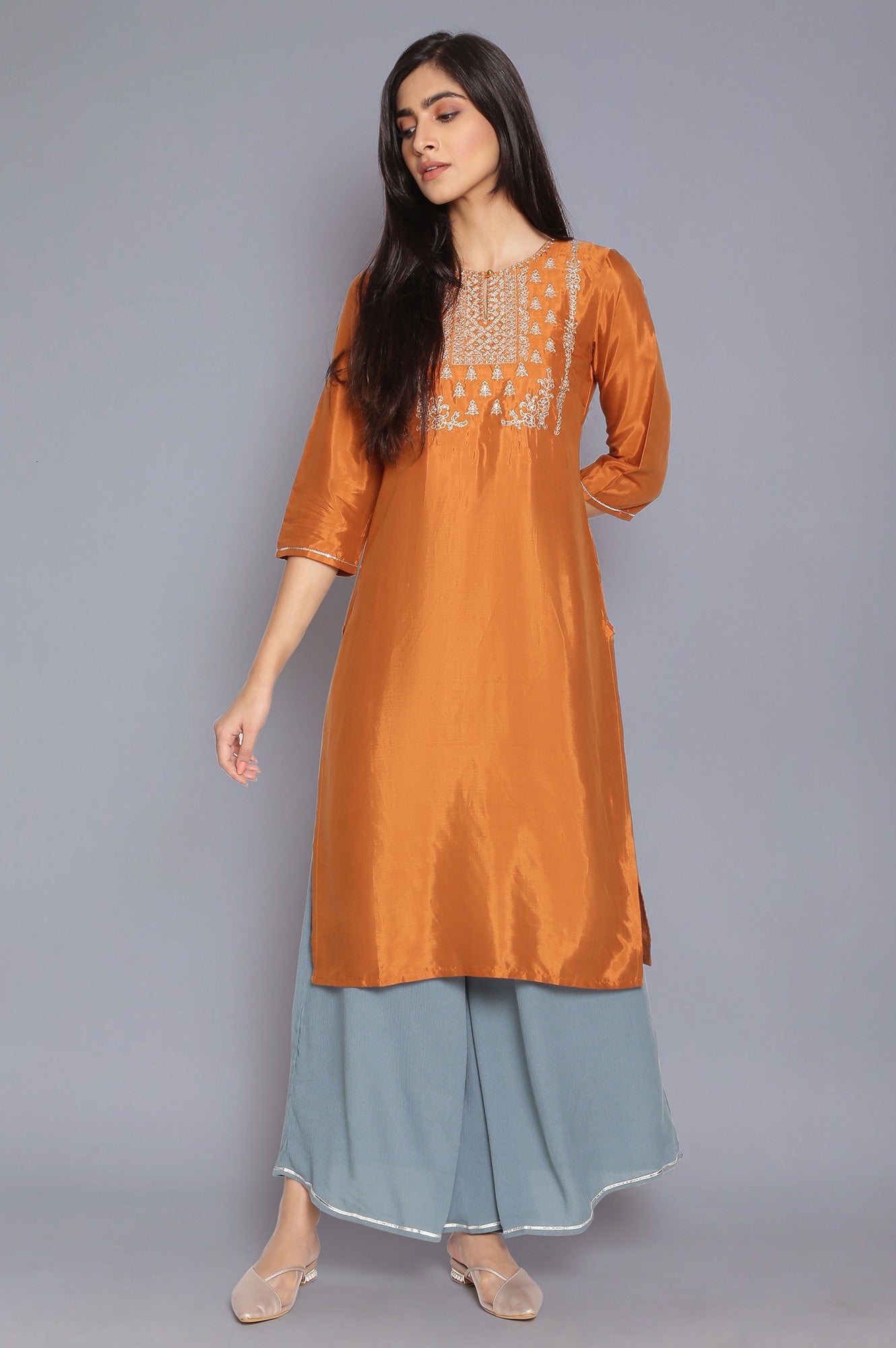 Rust Orange Embroidered kurta