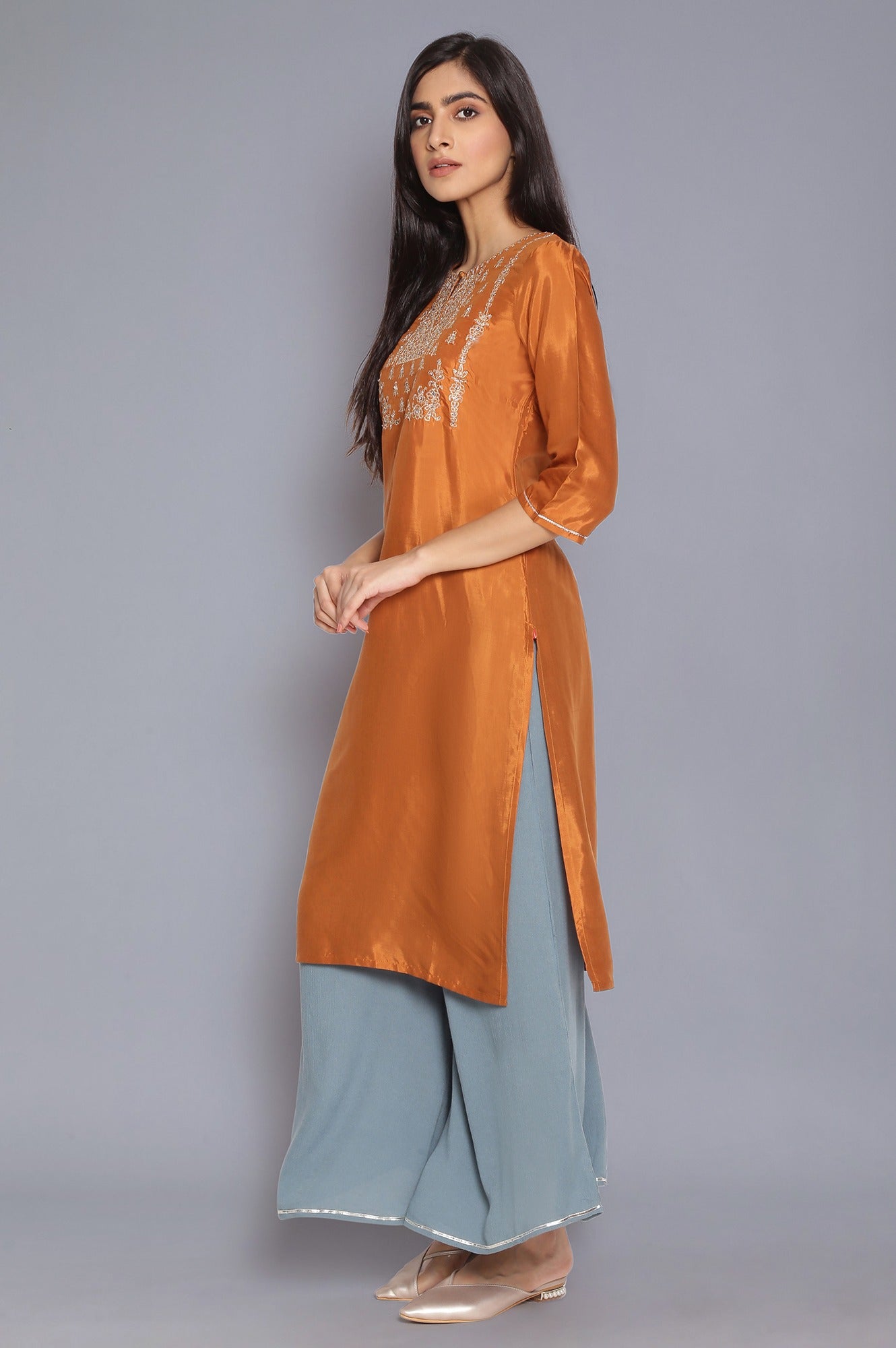 Rust Orange Embroidered kurta