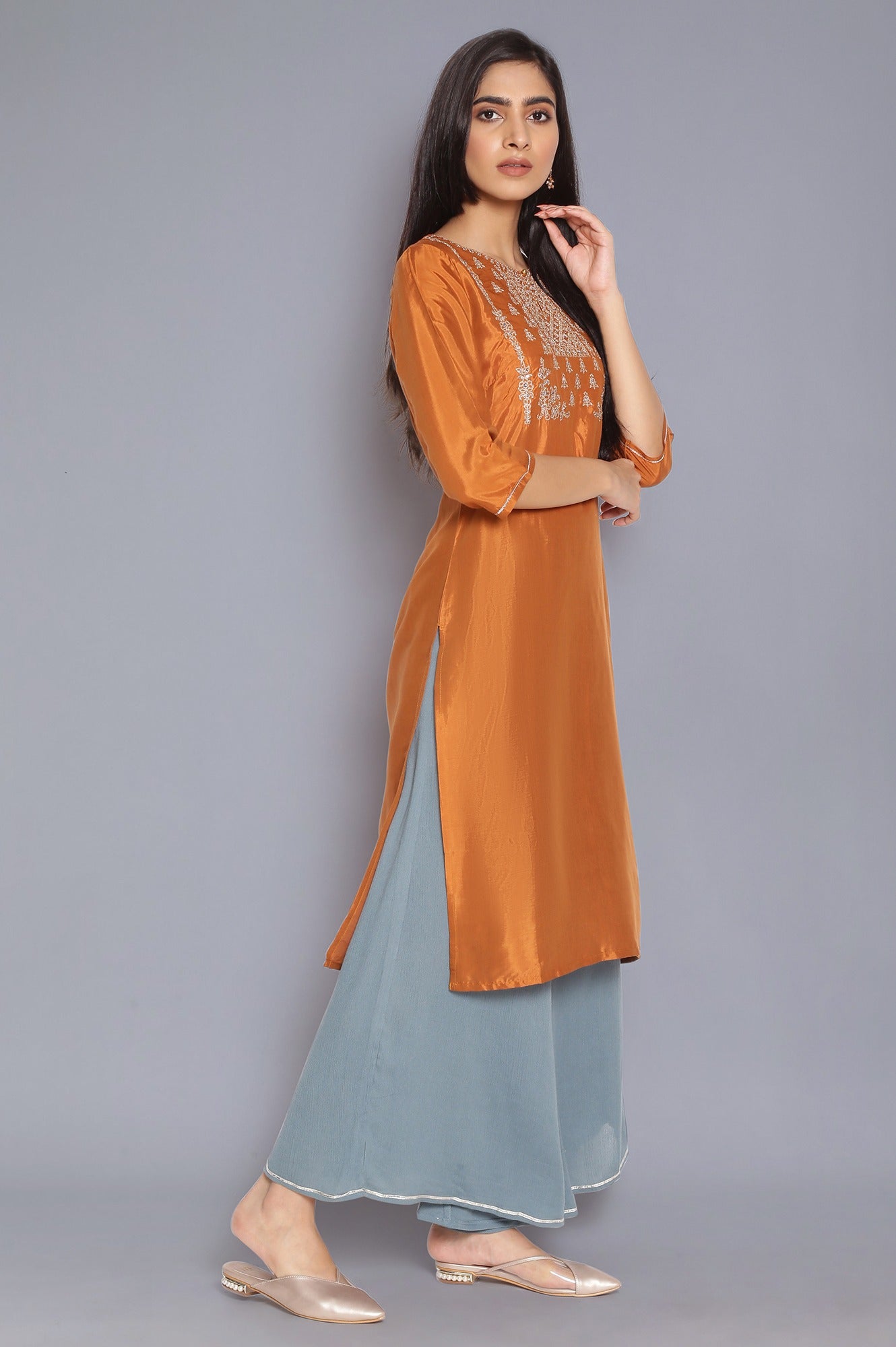 Rust Orange Embroidered kurta