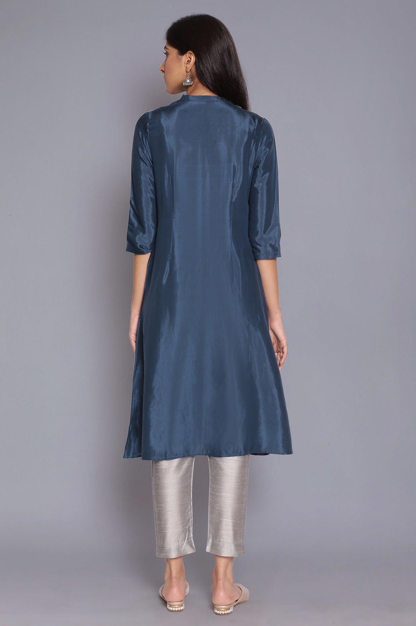 Royal Blue Pleated kurta with Embroidery - wforwoman