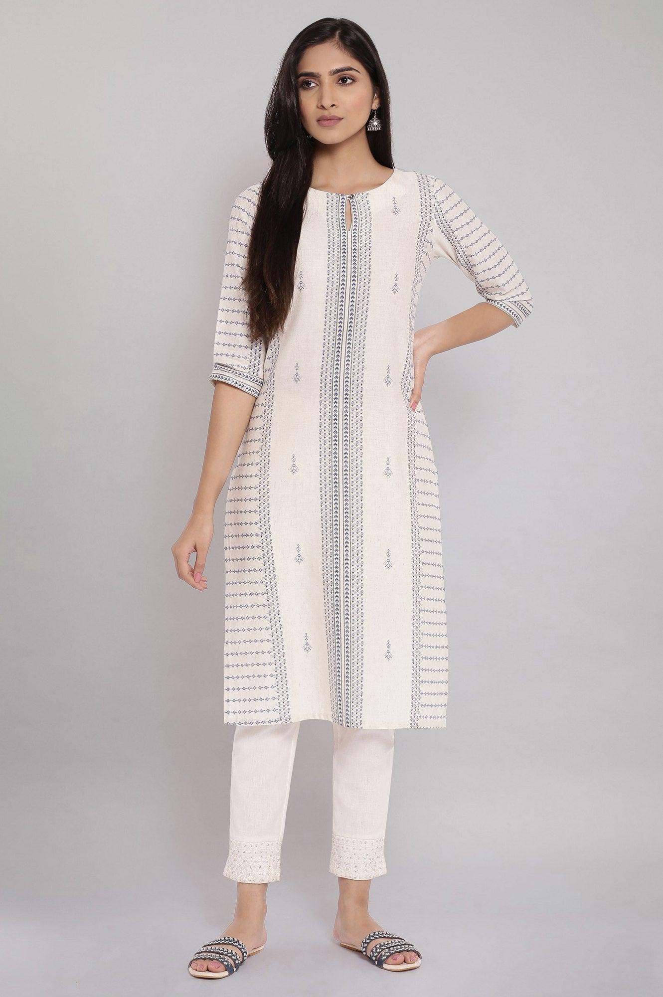 Ecru Embroidered Straight kurta - wforwoman