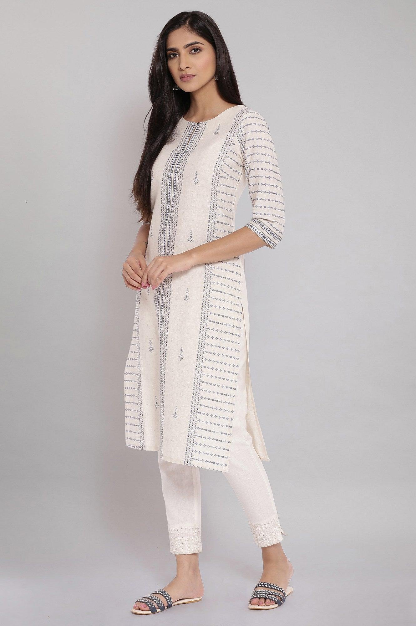 Ecru Embroidered Straight kurta - wforwoman