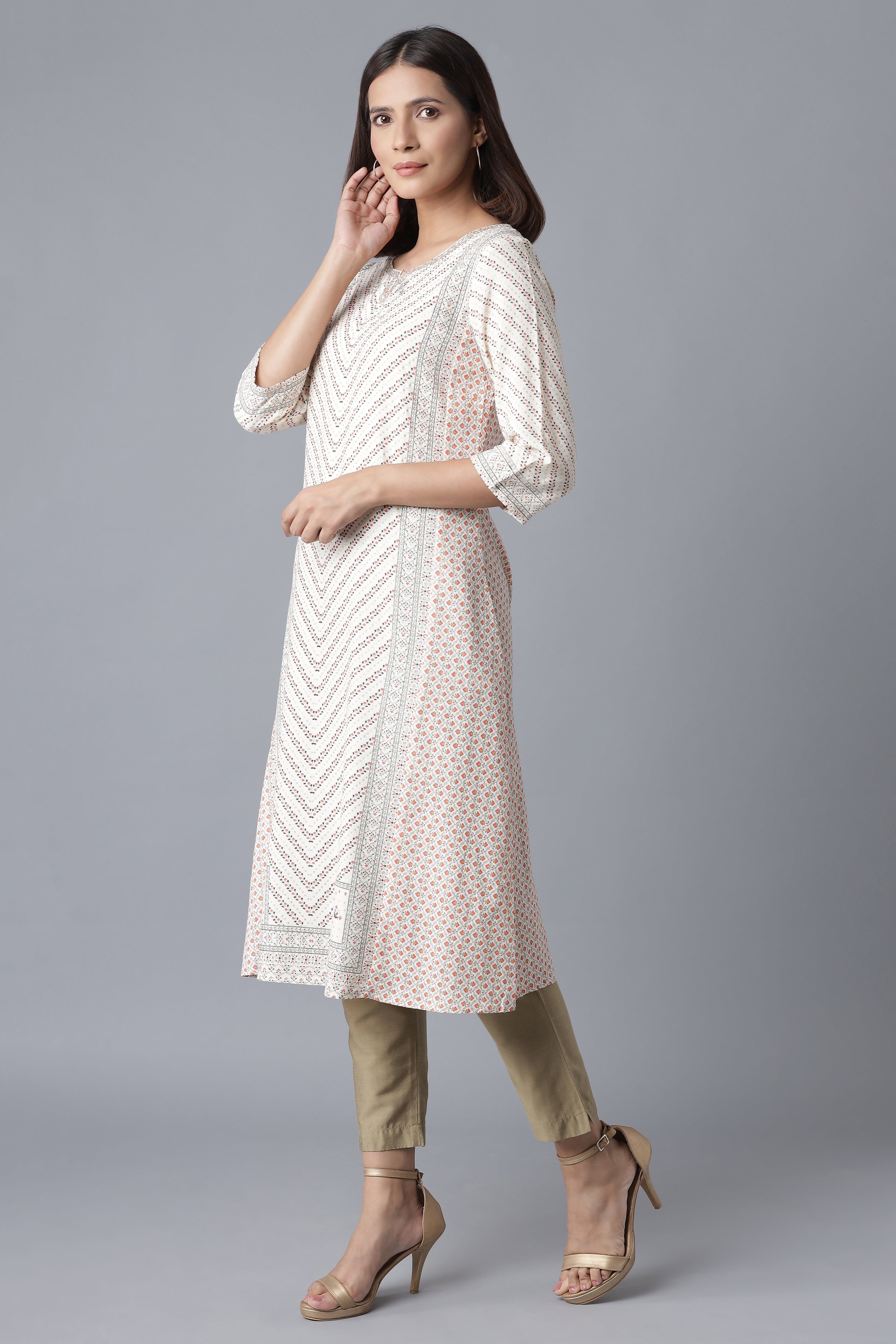 Ecru Embroidered A-line kurta