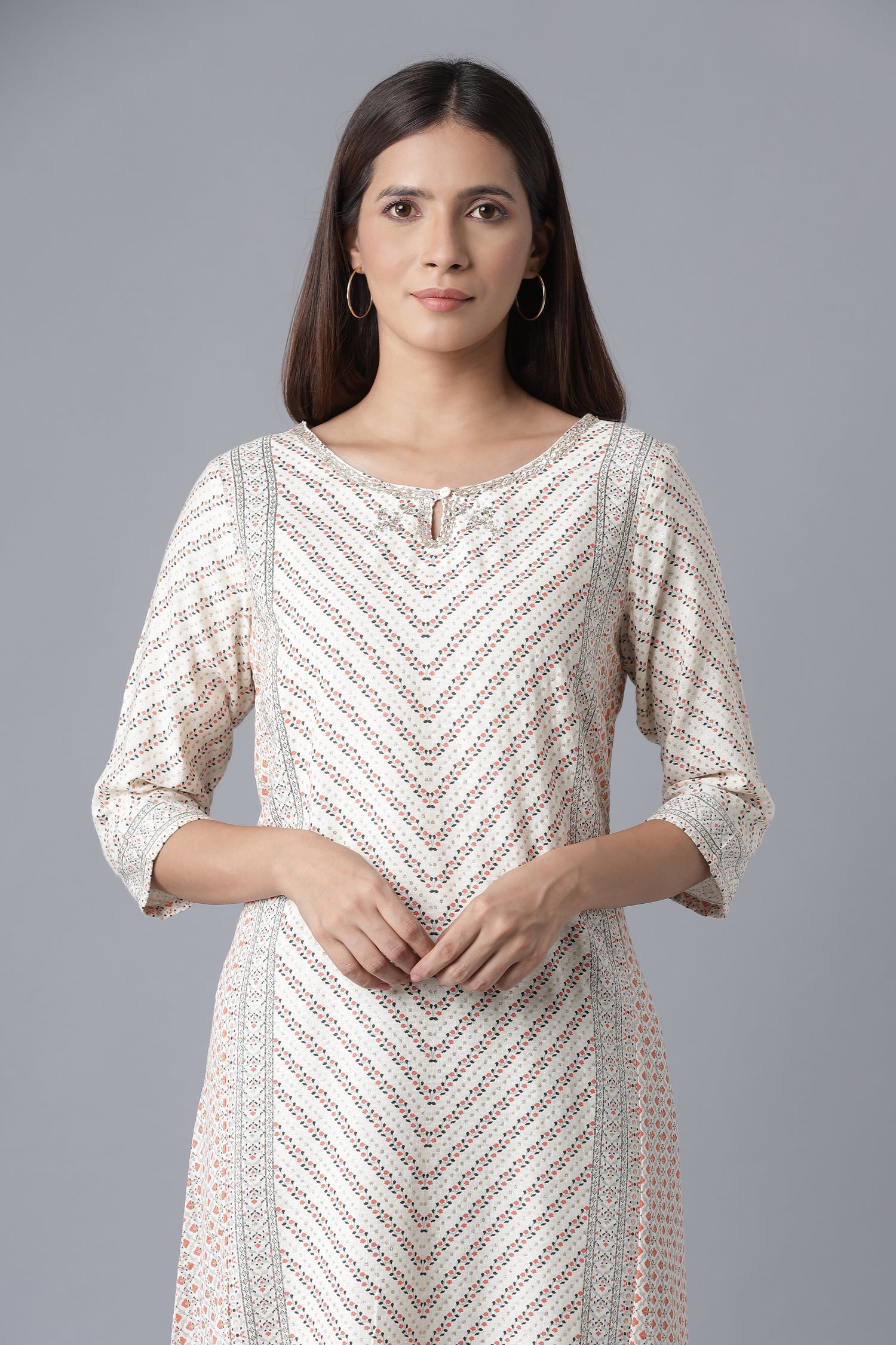 Ecru Embroidered A-line kurta