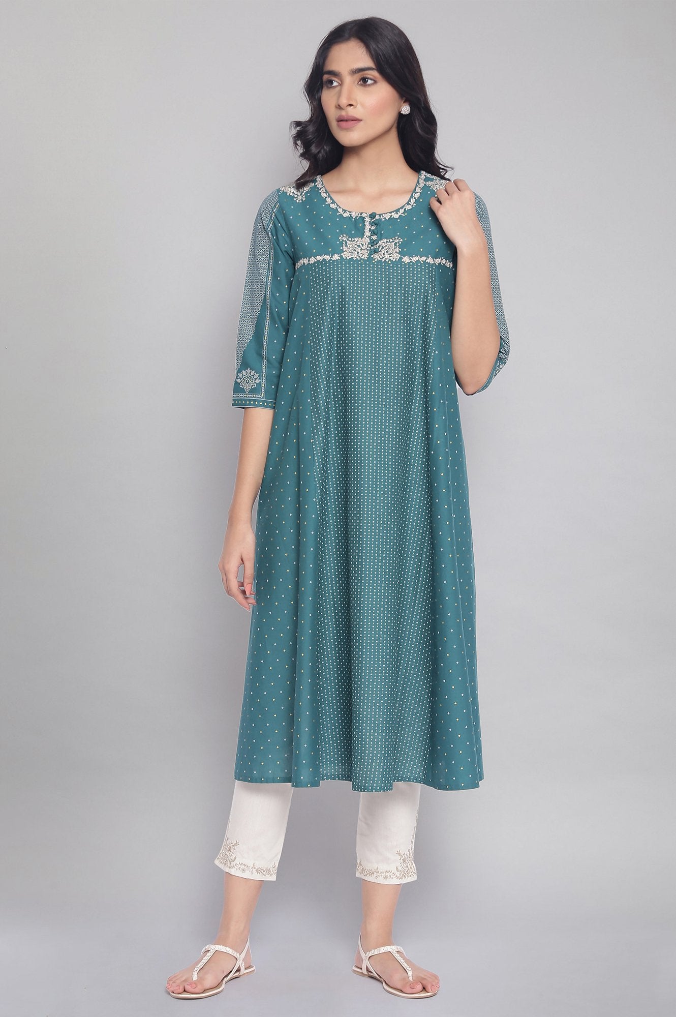 Green Polka Dots Printed Flared kurta