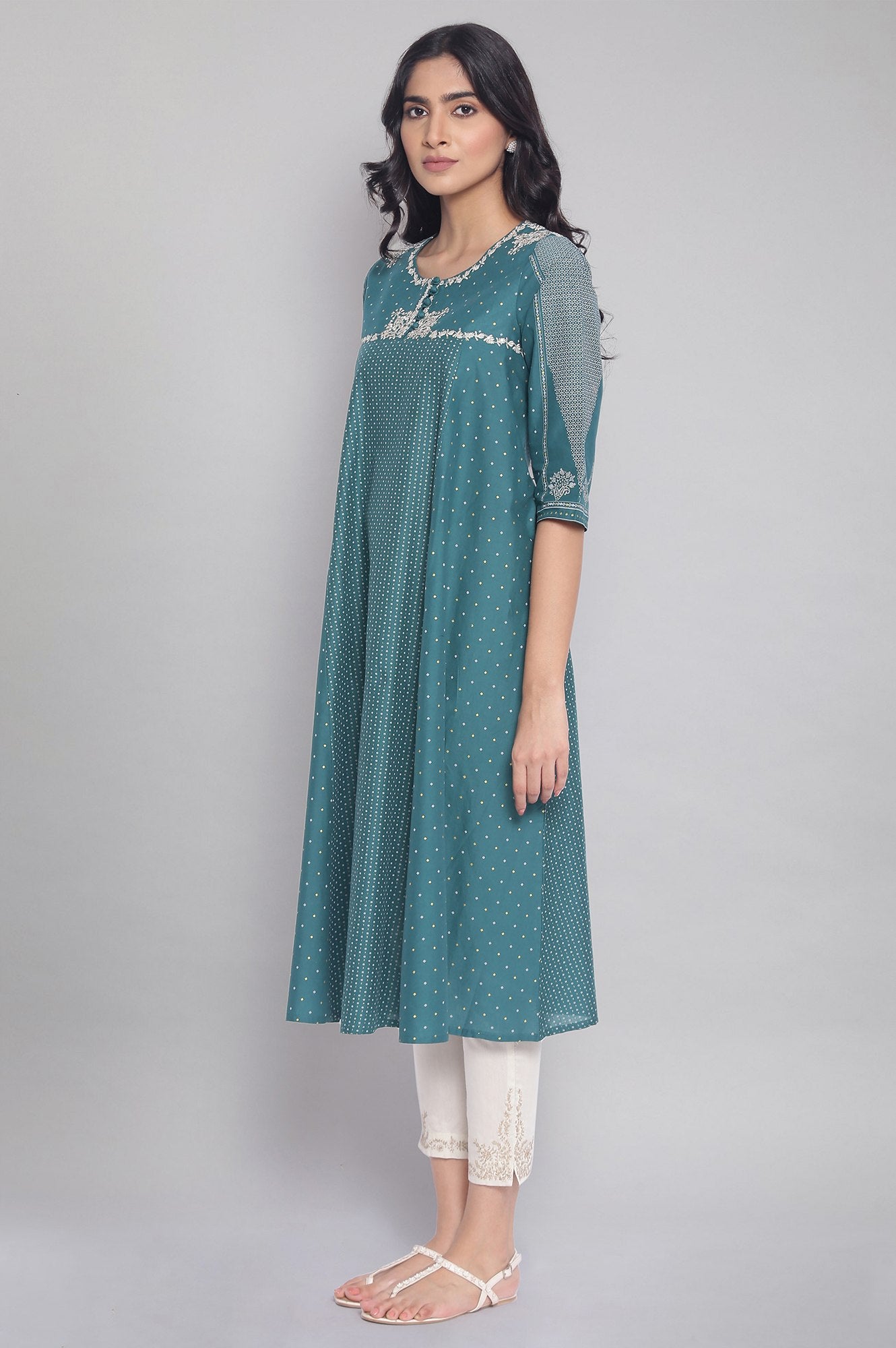 Green Polka Dots Printed Flared kurta