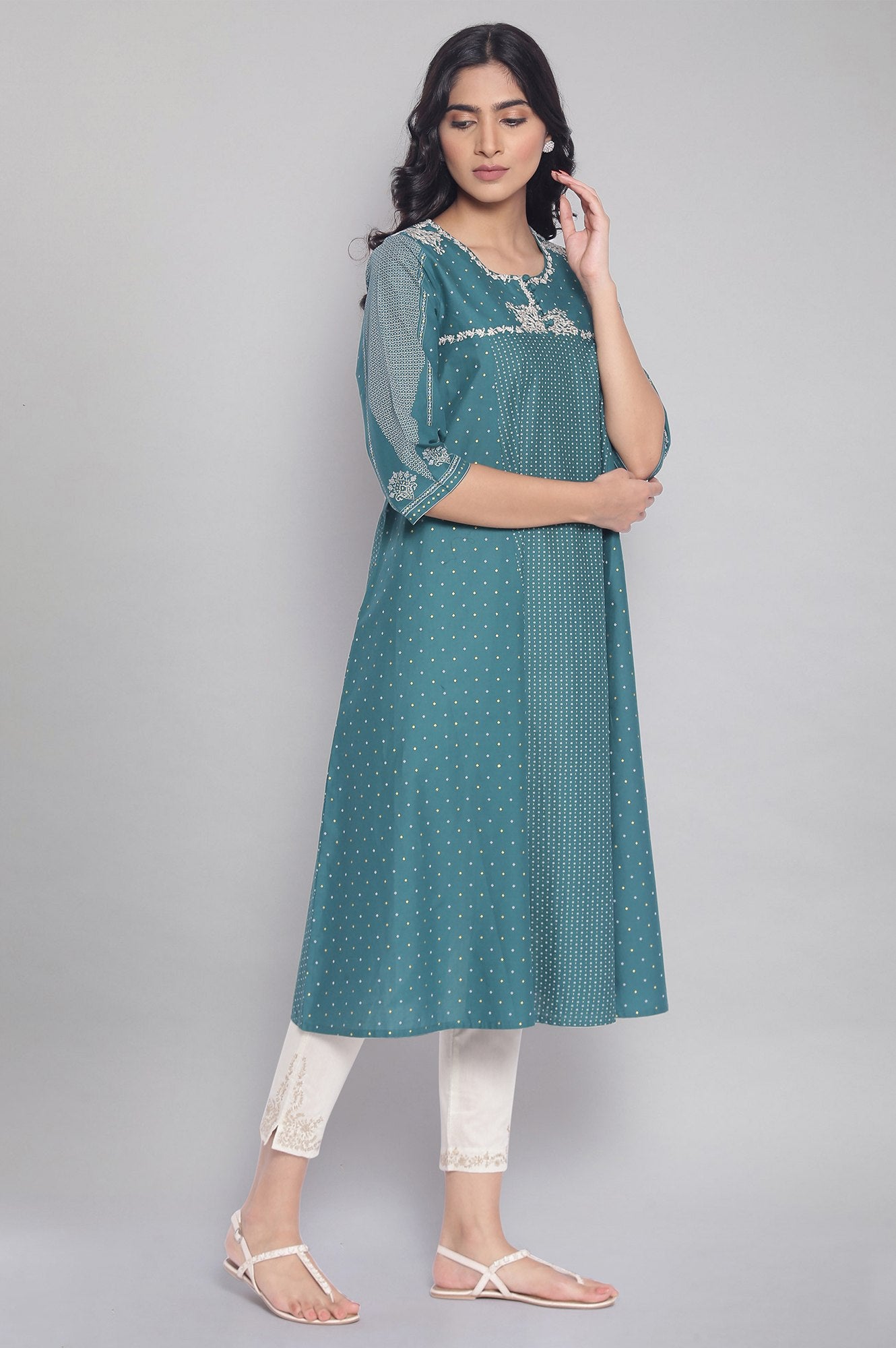 Green Polka Dots Printed Flared kurta