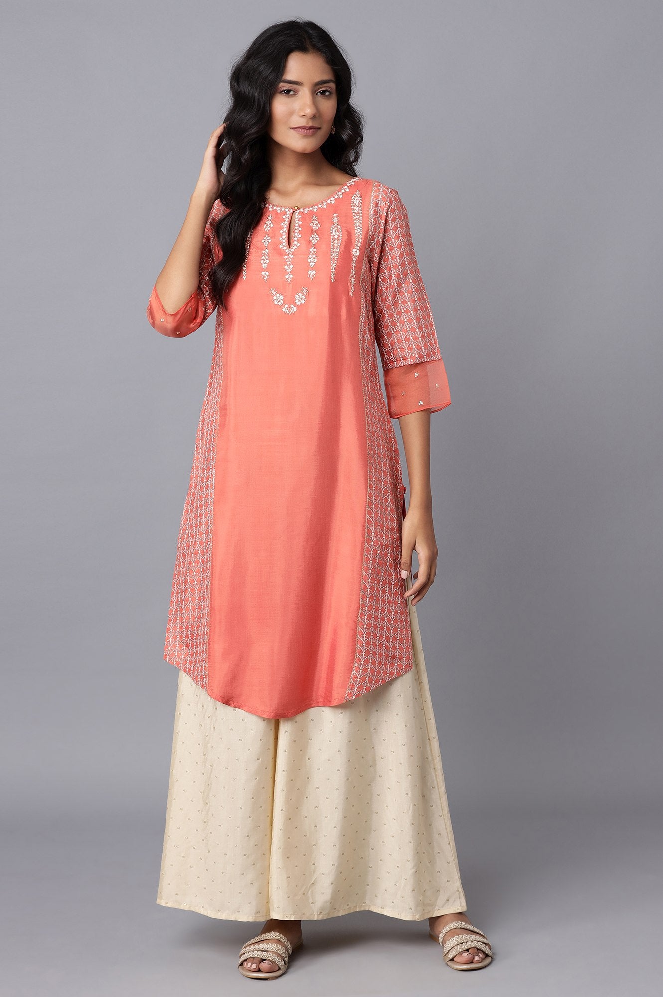 Salmon Orange Embroidered kurta