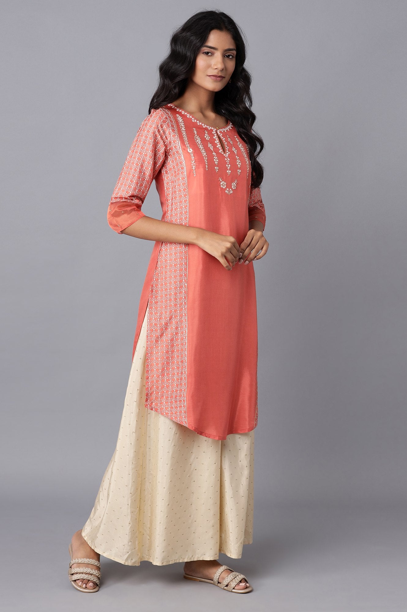 Salmon Orange Embroidered kurta