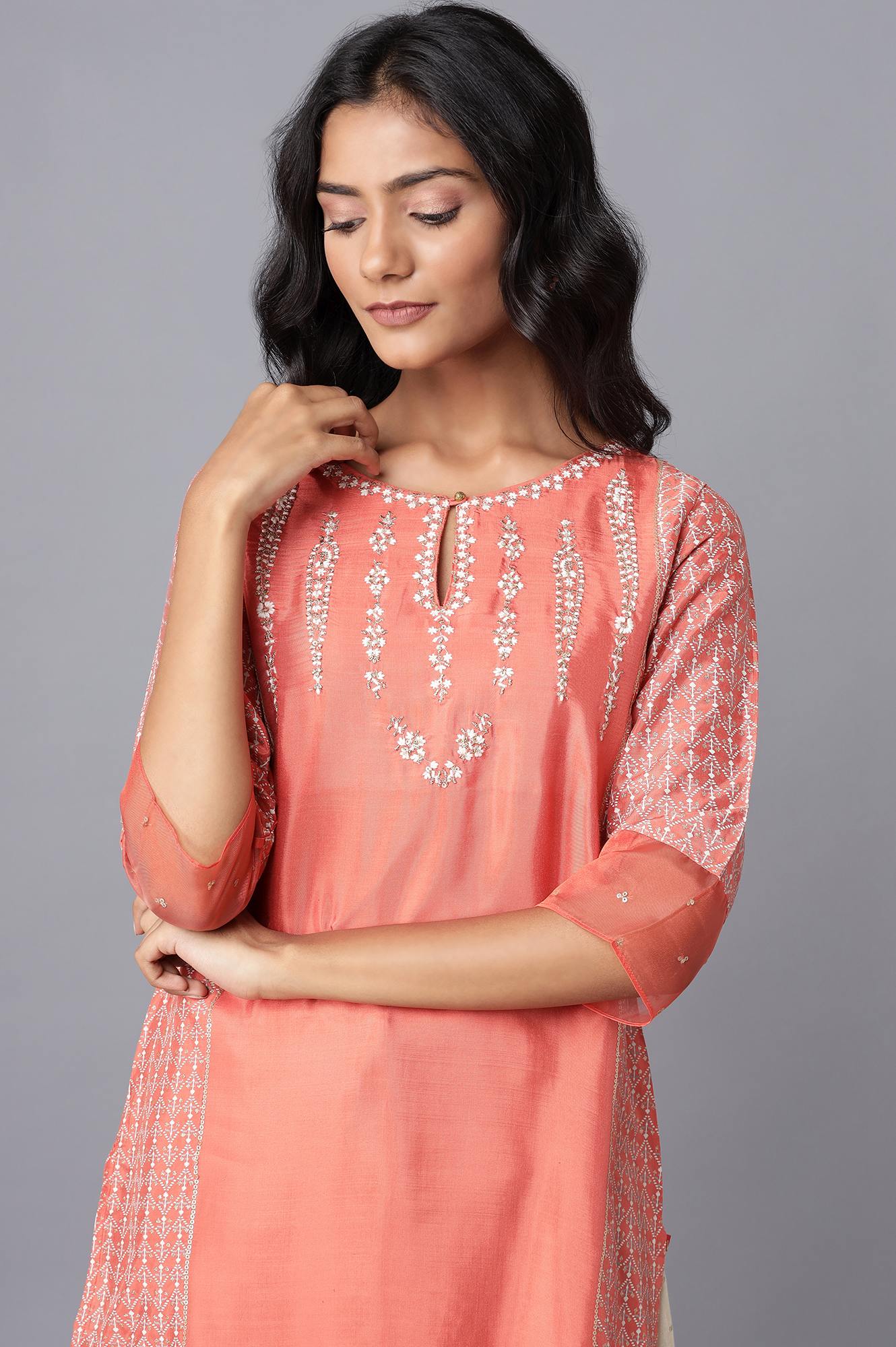 Salmon Orange Embroidered kurta