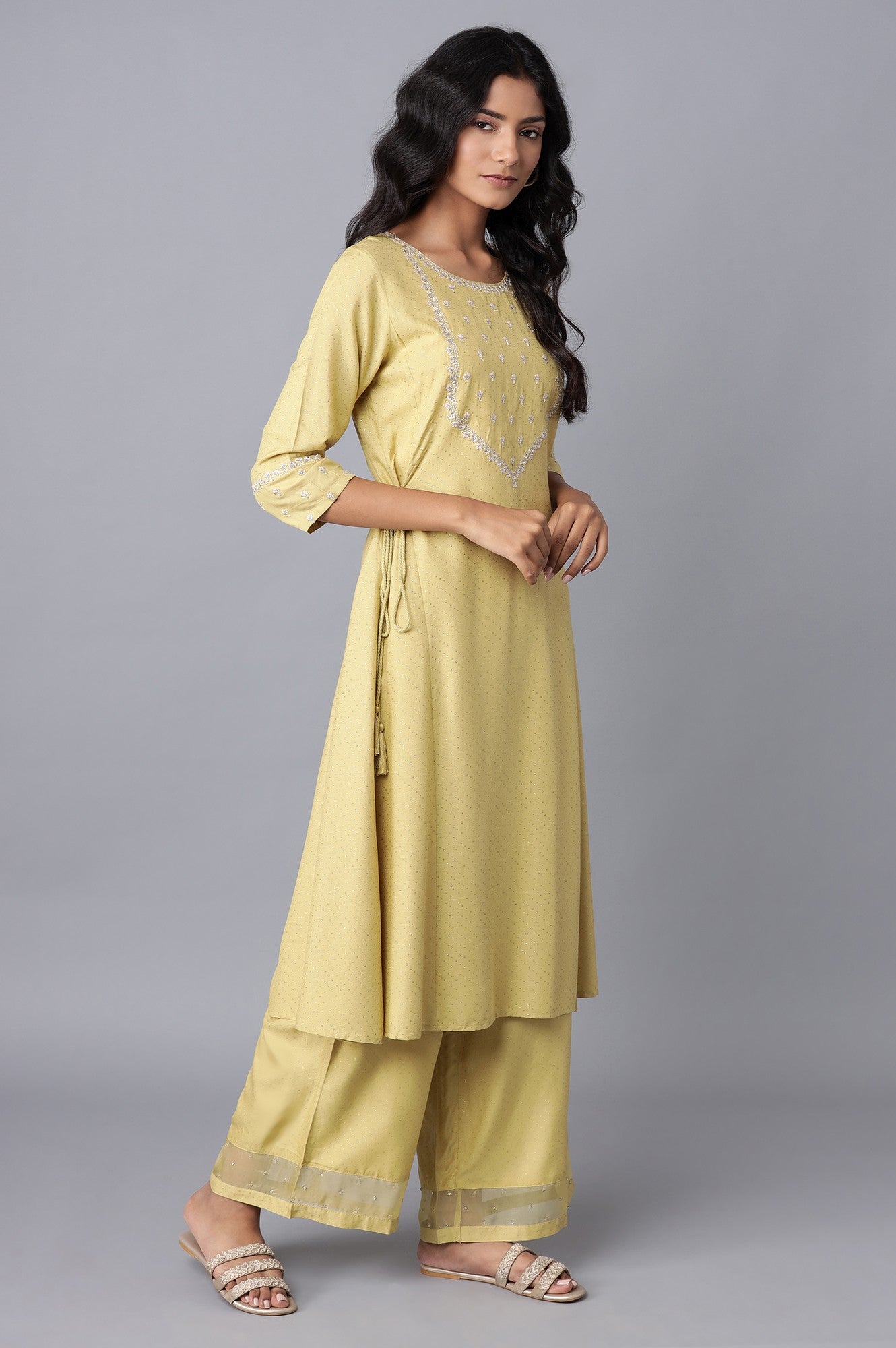 Green Solid Panelled A-line kurta