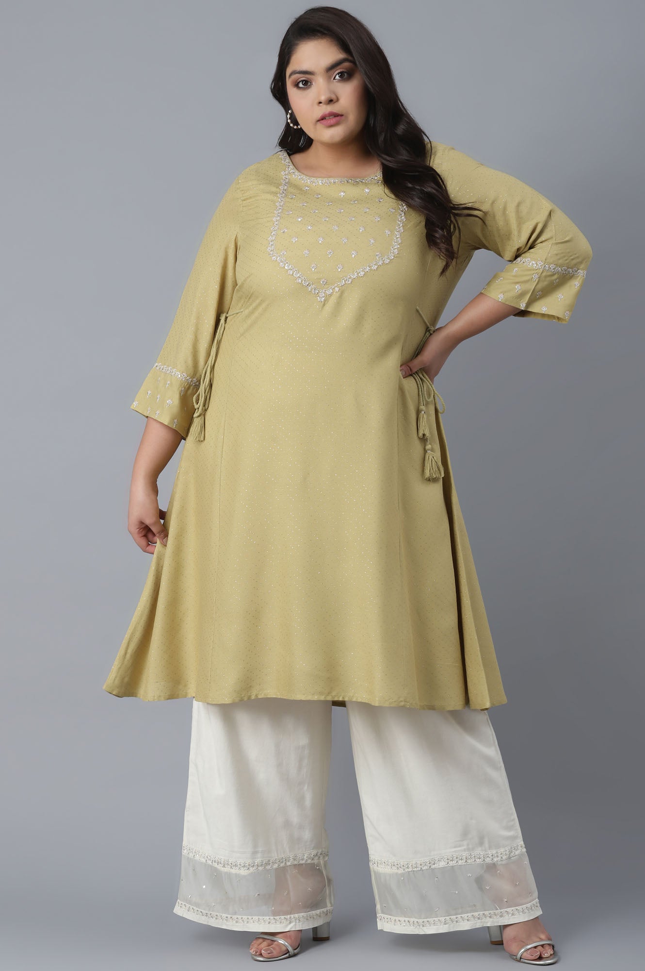 Green Solid Panelled A-line kurta