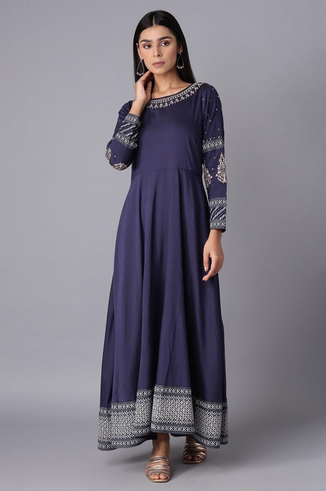 Oxford Blue Embroidered Kalidar Flared Dress - wforwoman