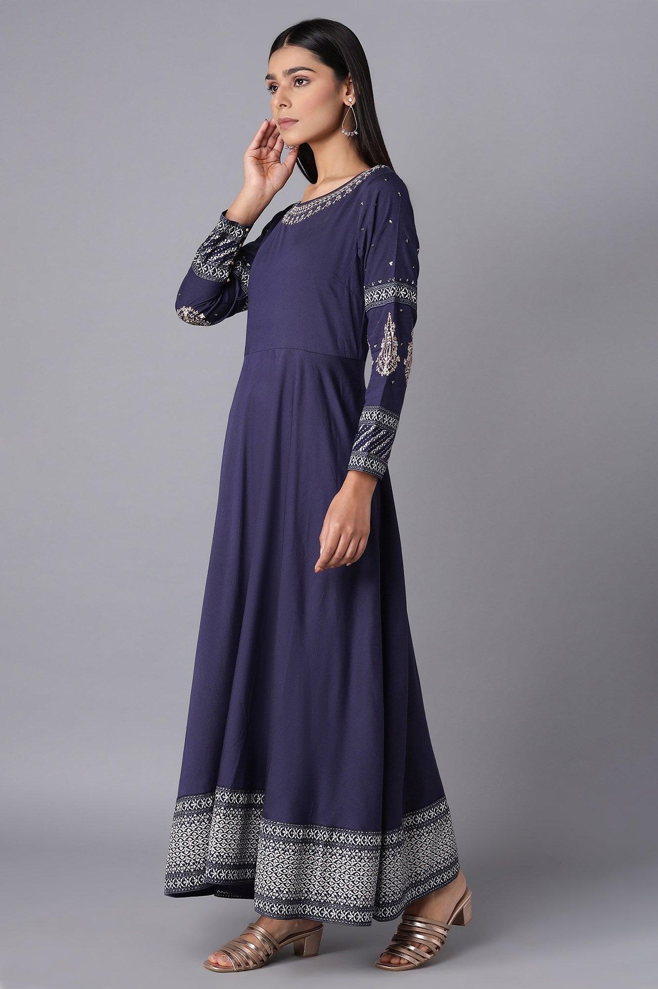 Oxford Blue Embroidered Kalidar Flared Dress - wforwoman