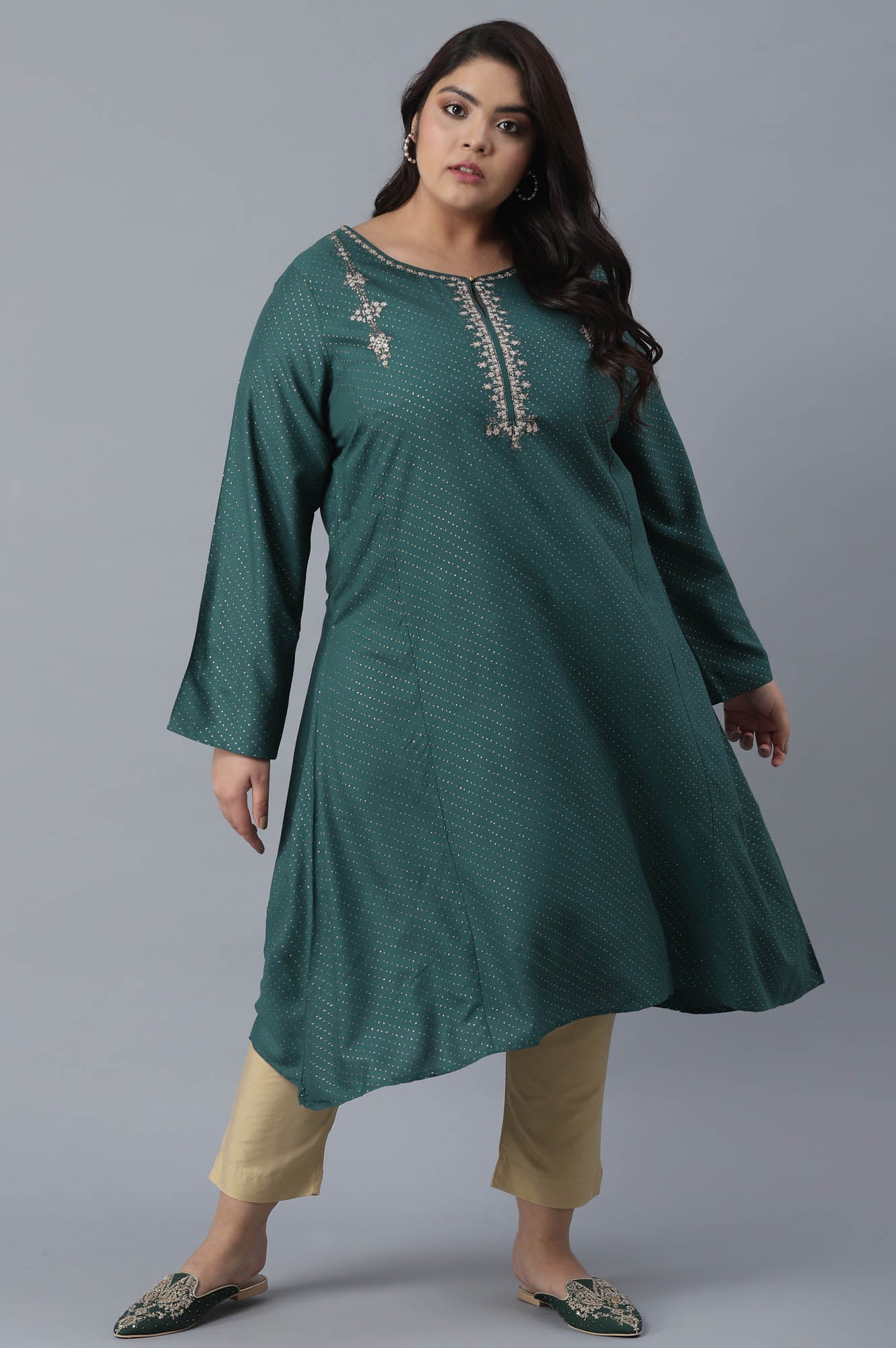 Green Polka Dots Printed A-line kurta