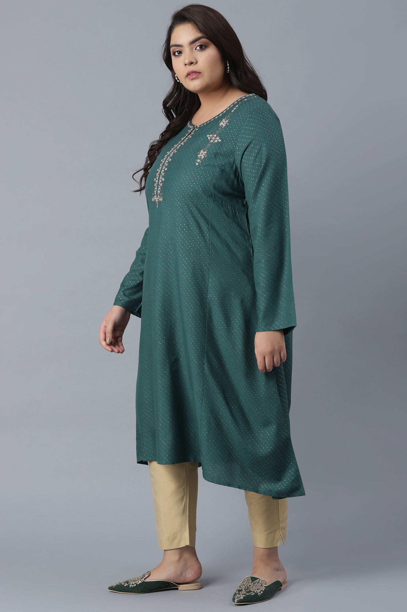 Green Polka Dots Printed A-line kurta