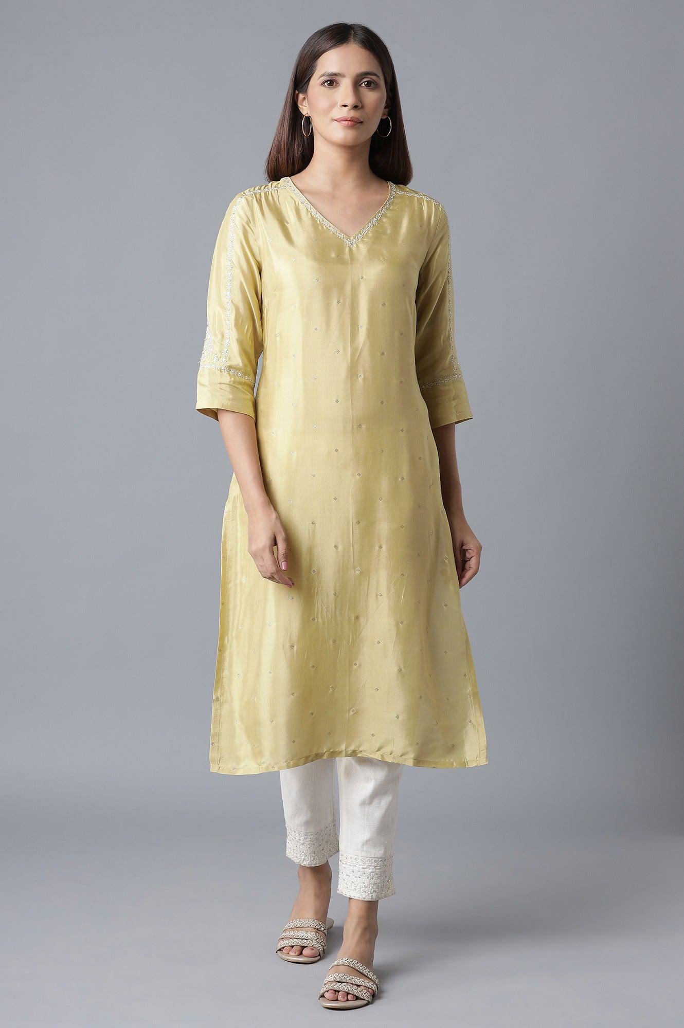 Celery Green Polka Dots Printed Straight kurta - wforwoman