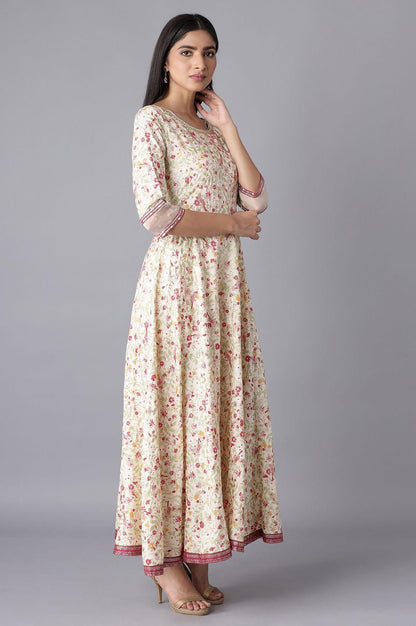 Ecru Printed Dress with Embroidery - wforwoman