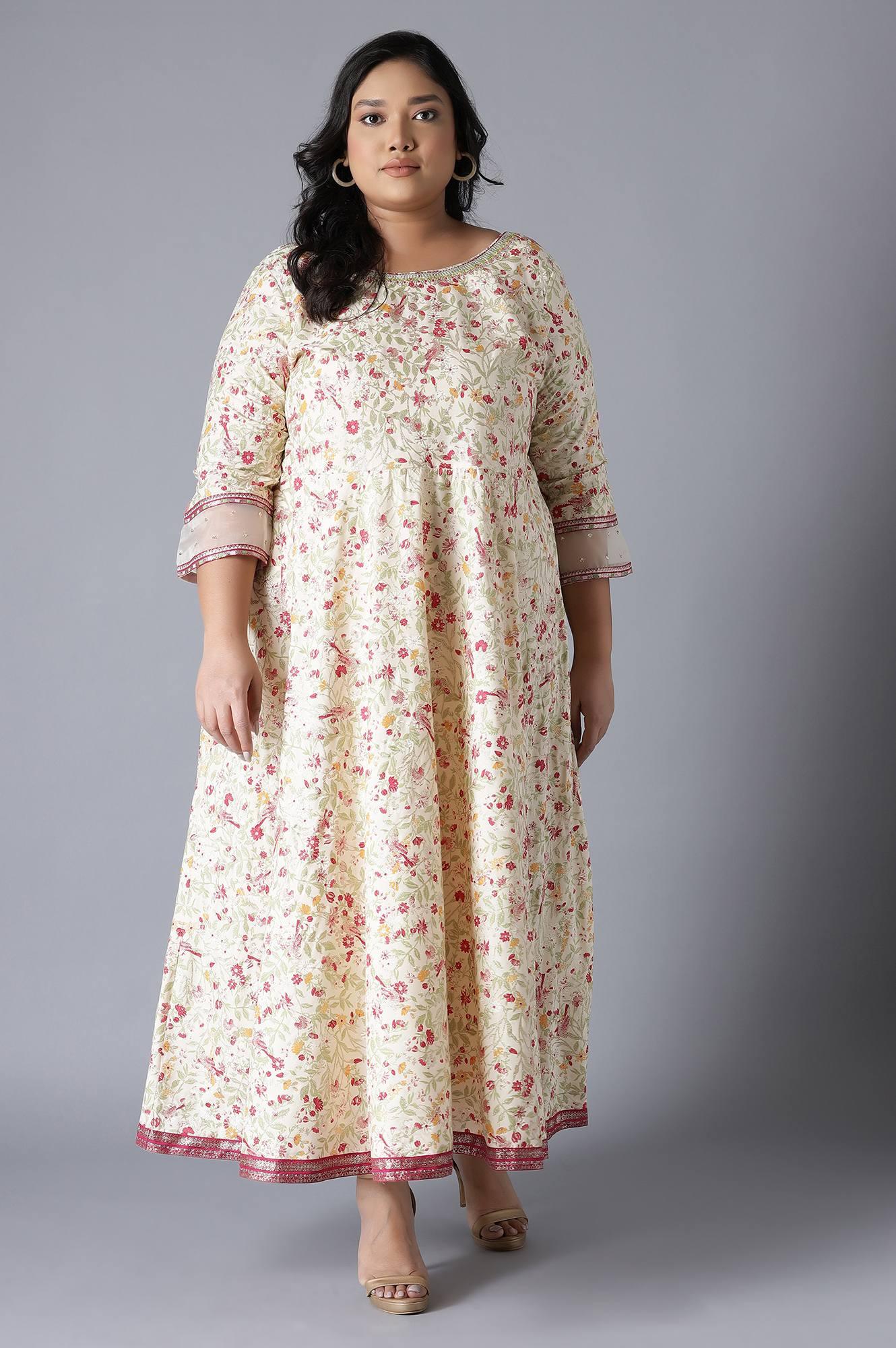 Ecru Printed Dress with Embroidery - wforwoman