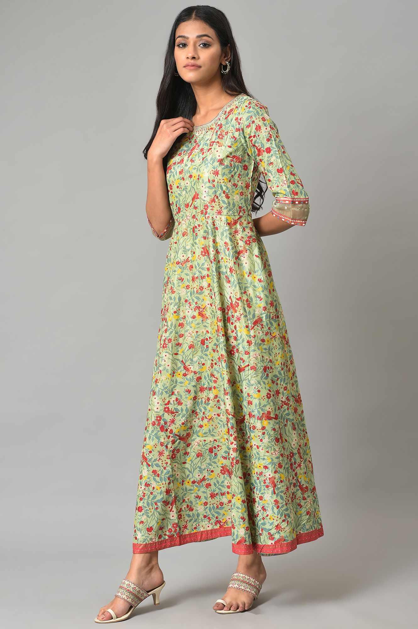 Light Green Embroidered Flared Dress - wforwoman