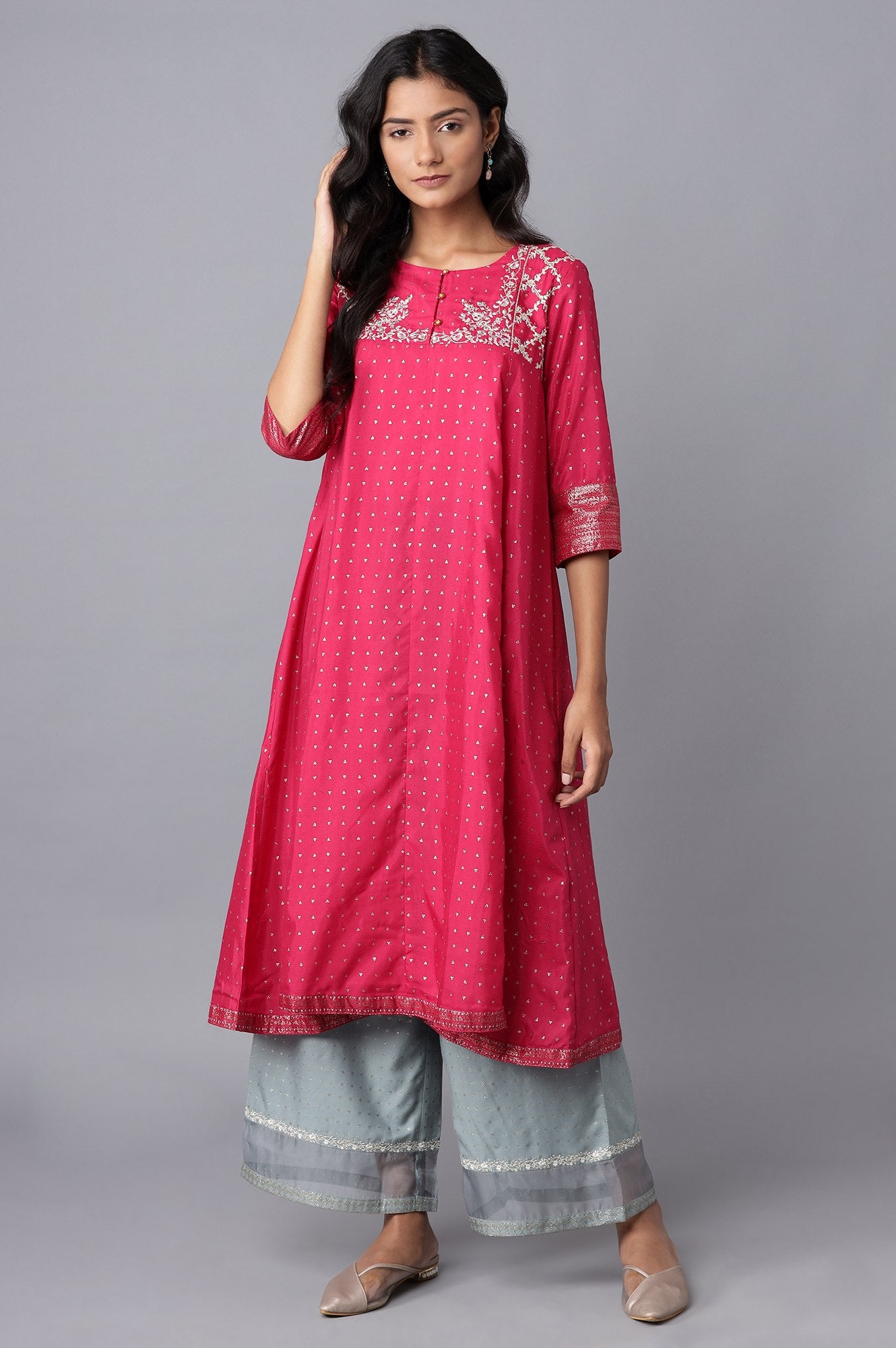 Magenta Geometric Print Flared kurta