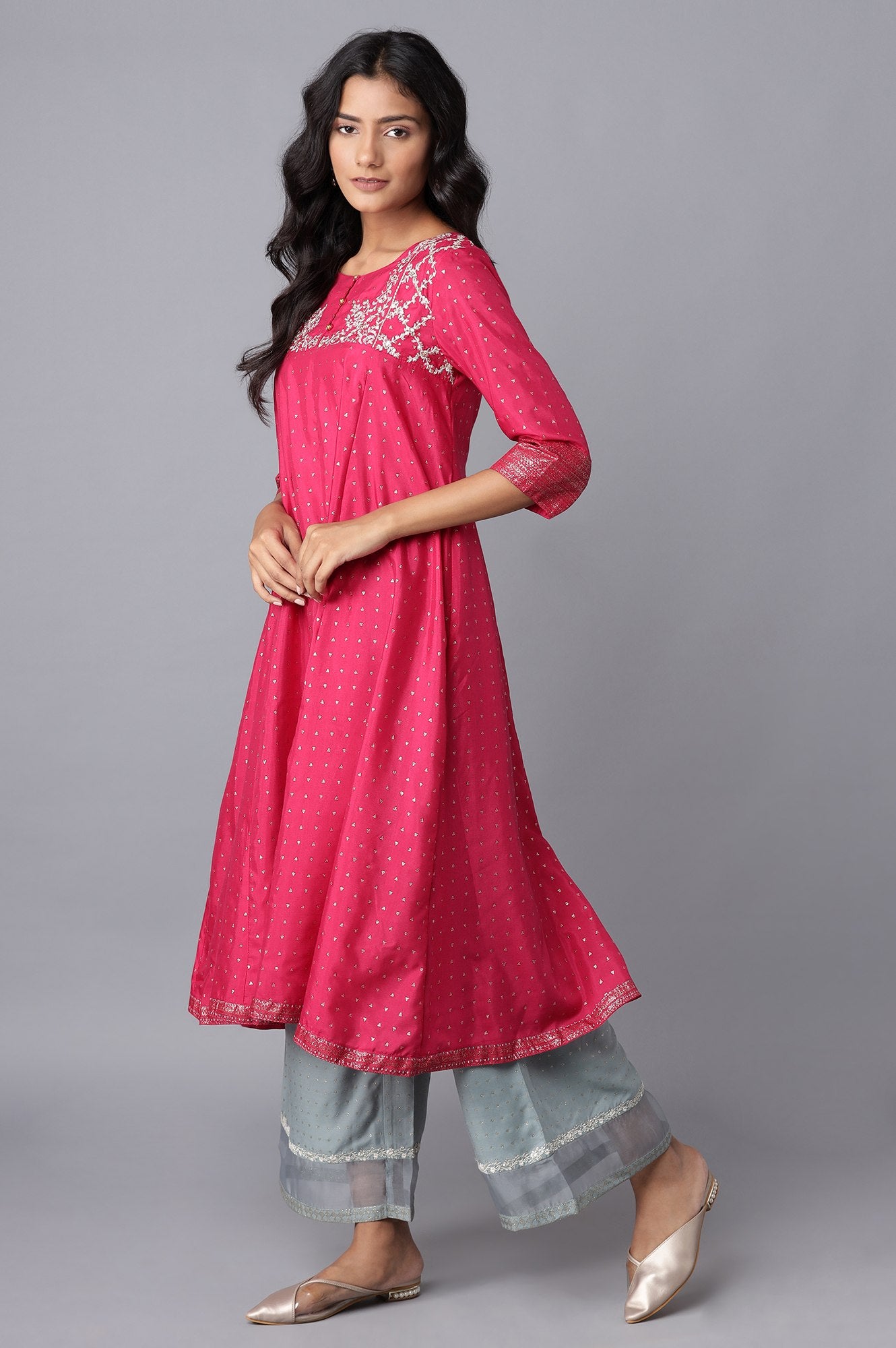 Magenta Geometric Print Flared kurta