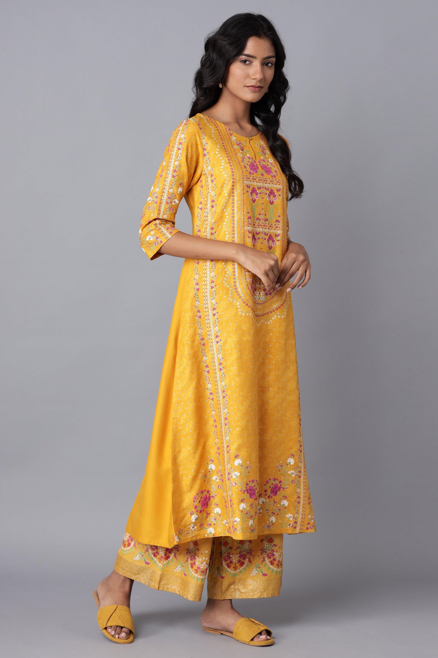 Yellow A-line Printed kurta - wforwoman