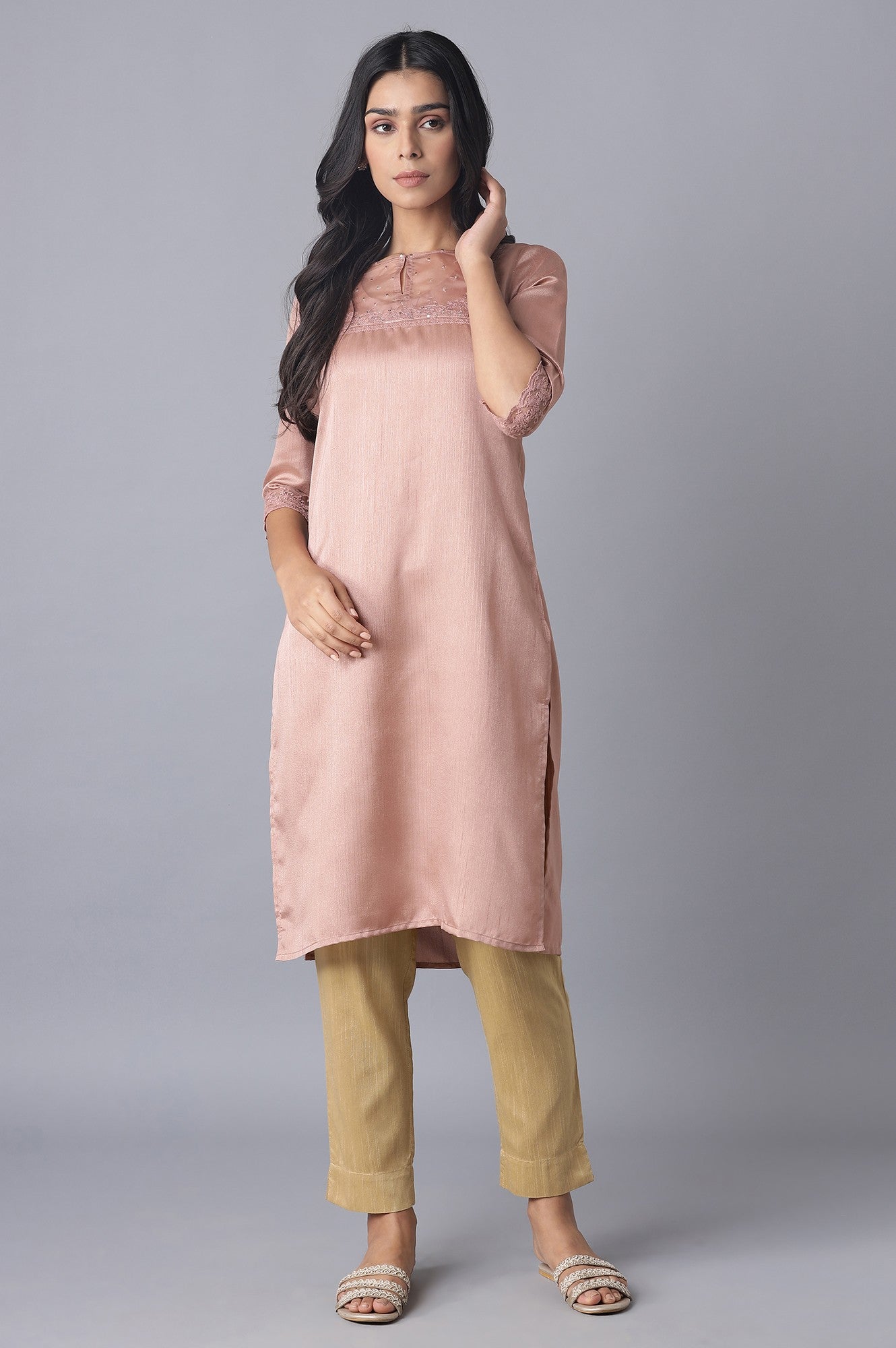 Pink kurta with Organza Yoke