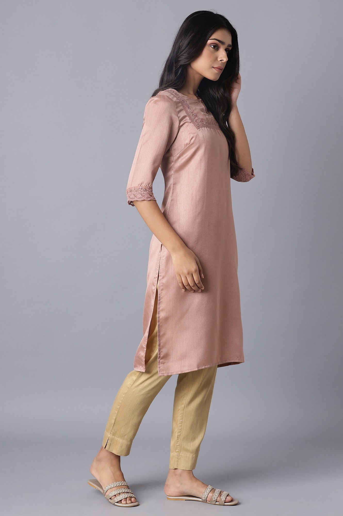 Pink kurta with Organza Yoke