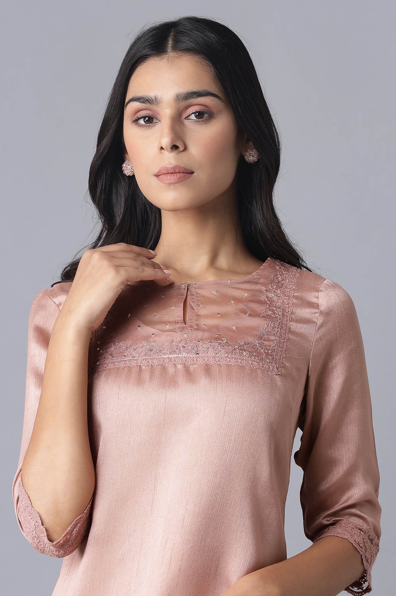 Pink kurta with Organza Yoke