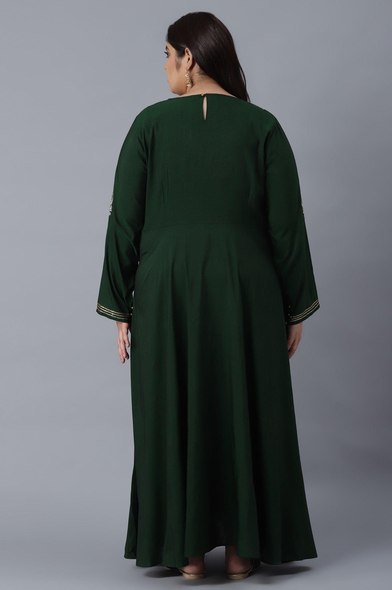 Bottle Green Dress with Embroidery - wforwoman
