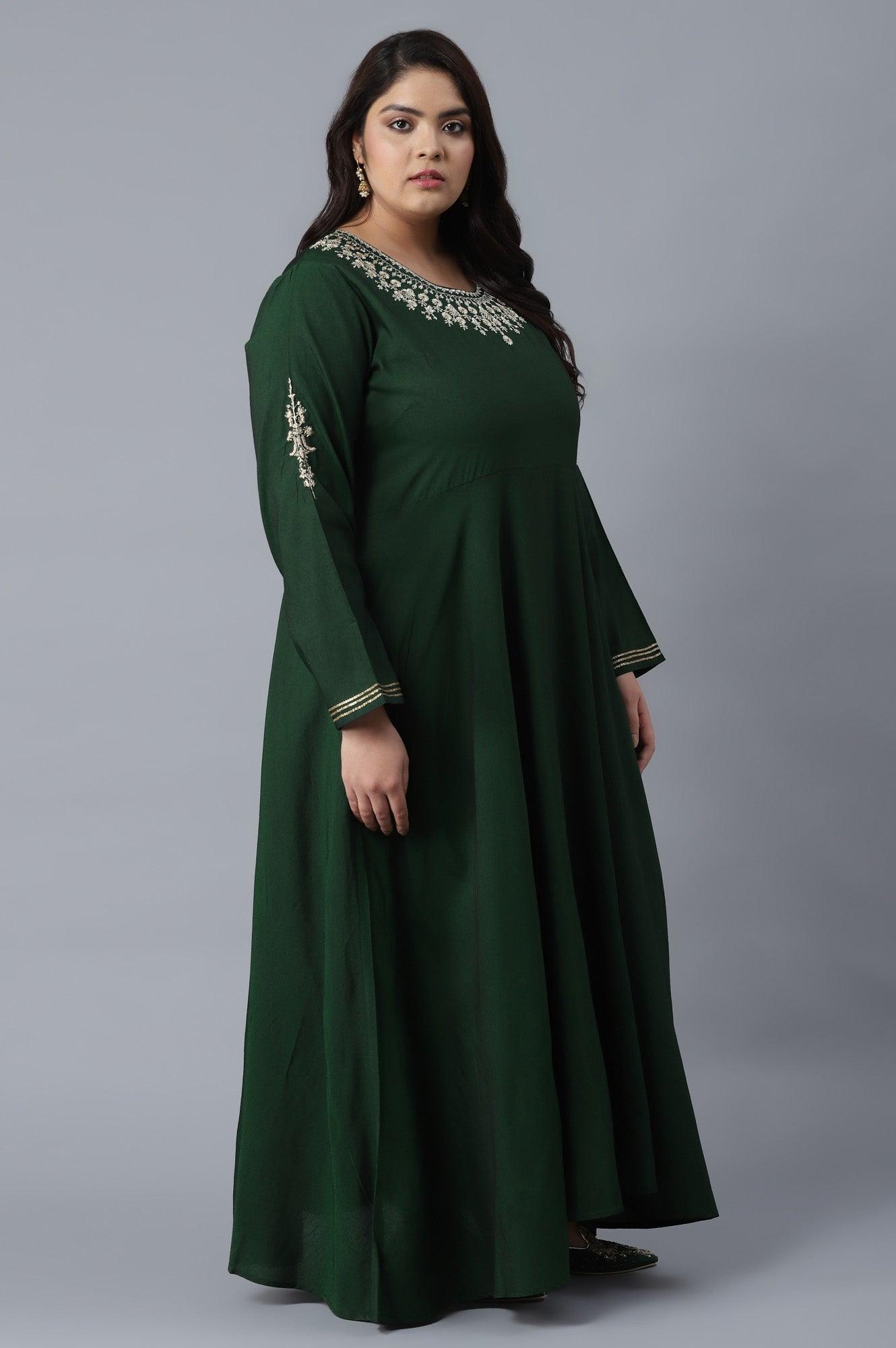 Bottle Green Dress with Embroidery - wforwoman