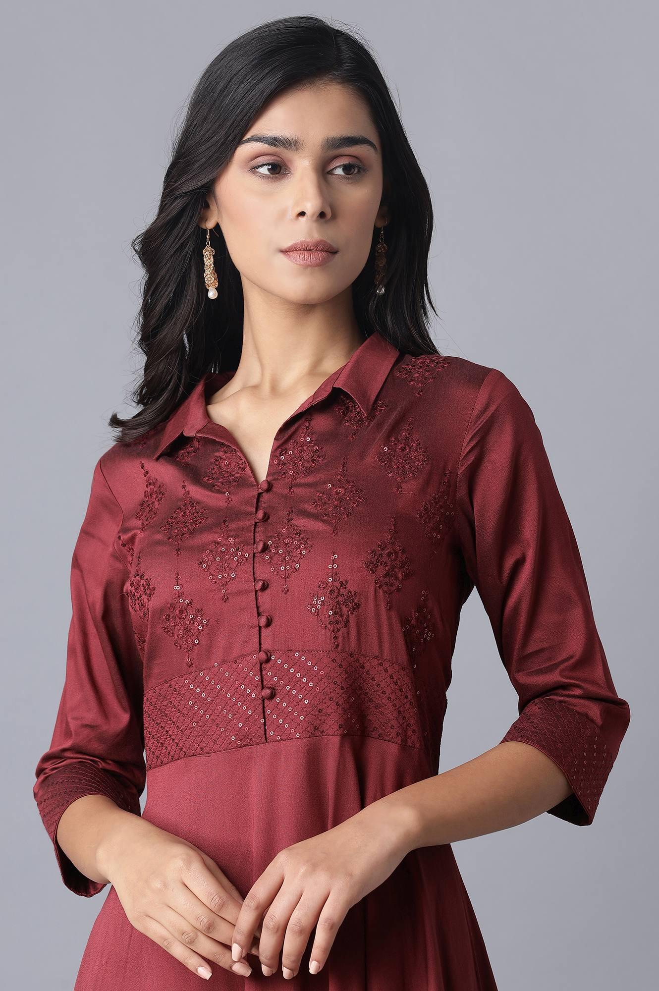 Red Embroidered Flared Shirt Dress - wforwoman