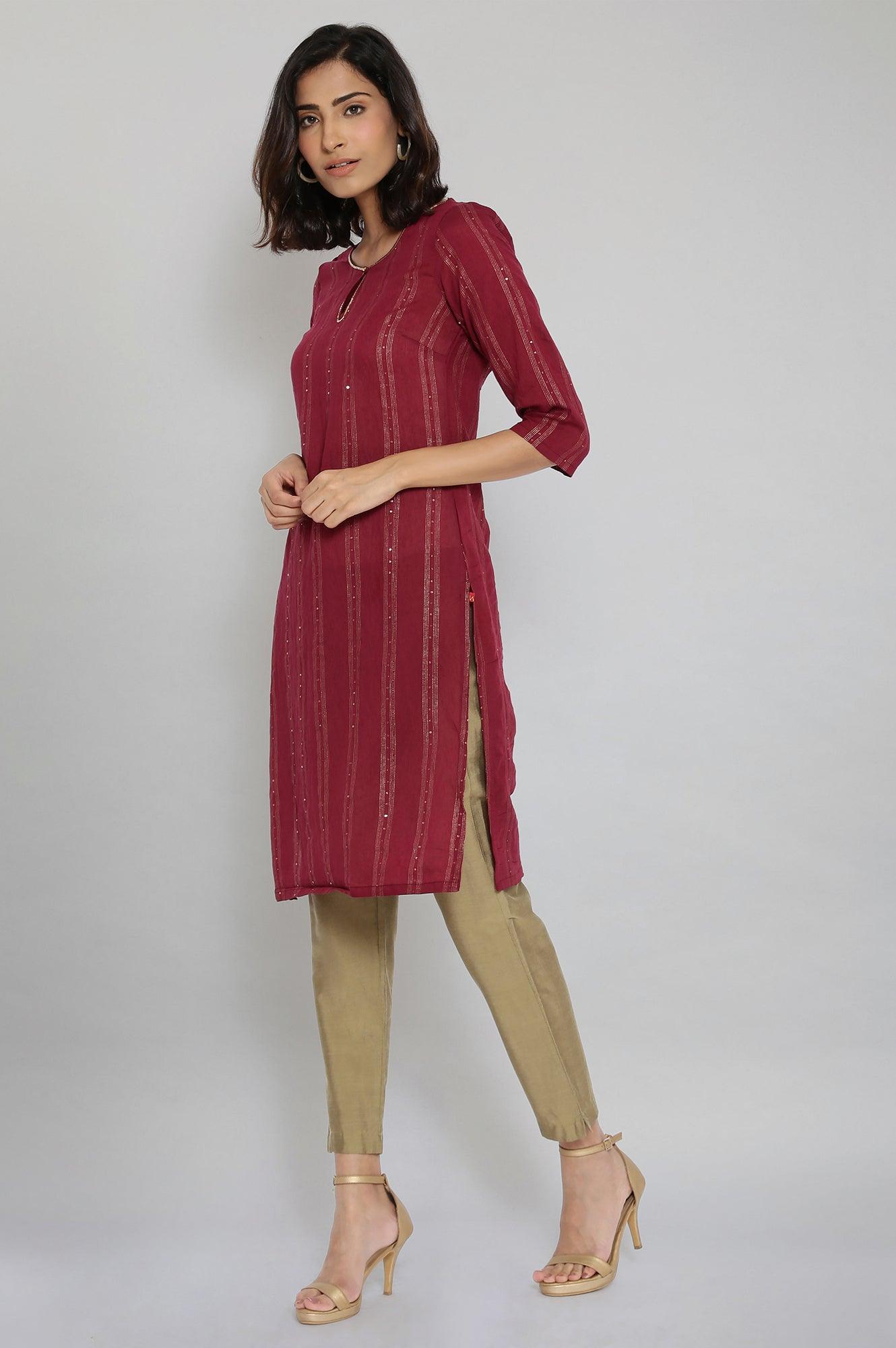 Maroon Woven kurta with Sequins - wforwoman